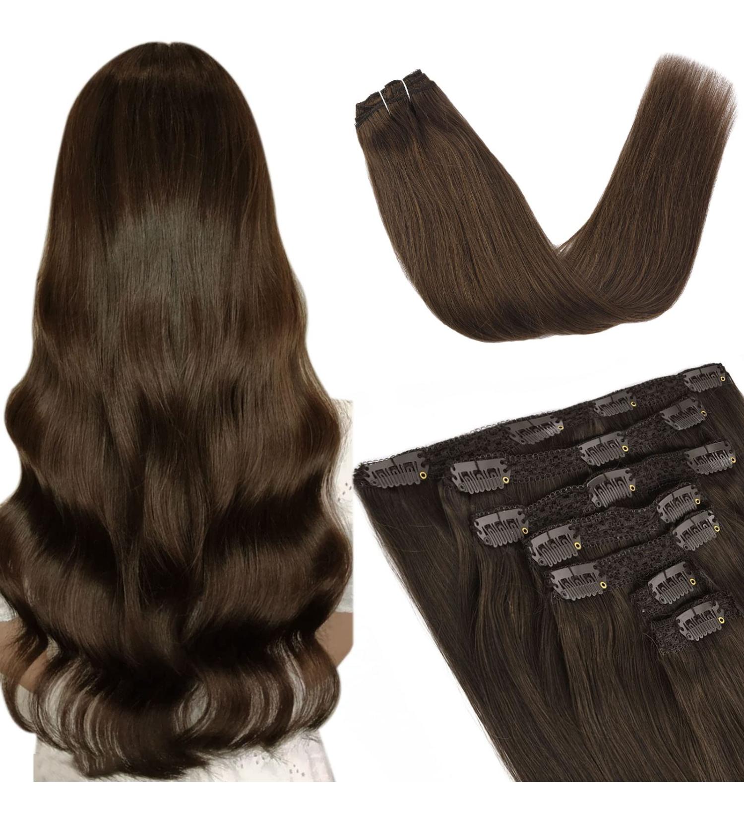 Vlasy Clip in Human Hair Extensions - 14 Inch Brown Seamless 7-Piece Set for Women - Buy Online on SooperMarket.com