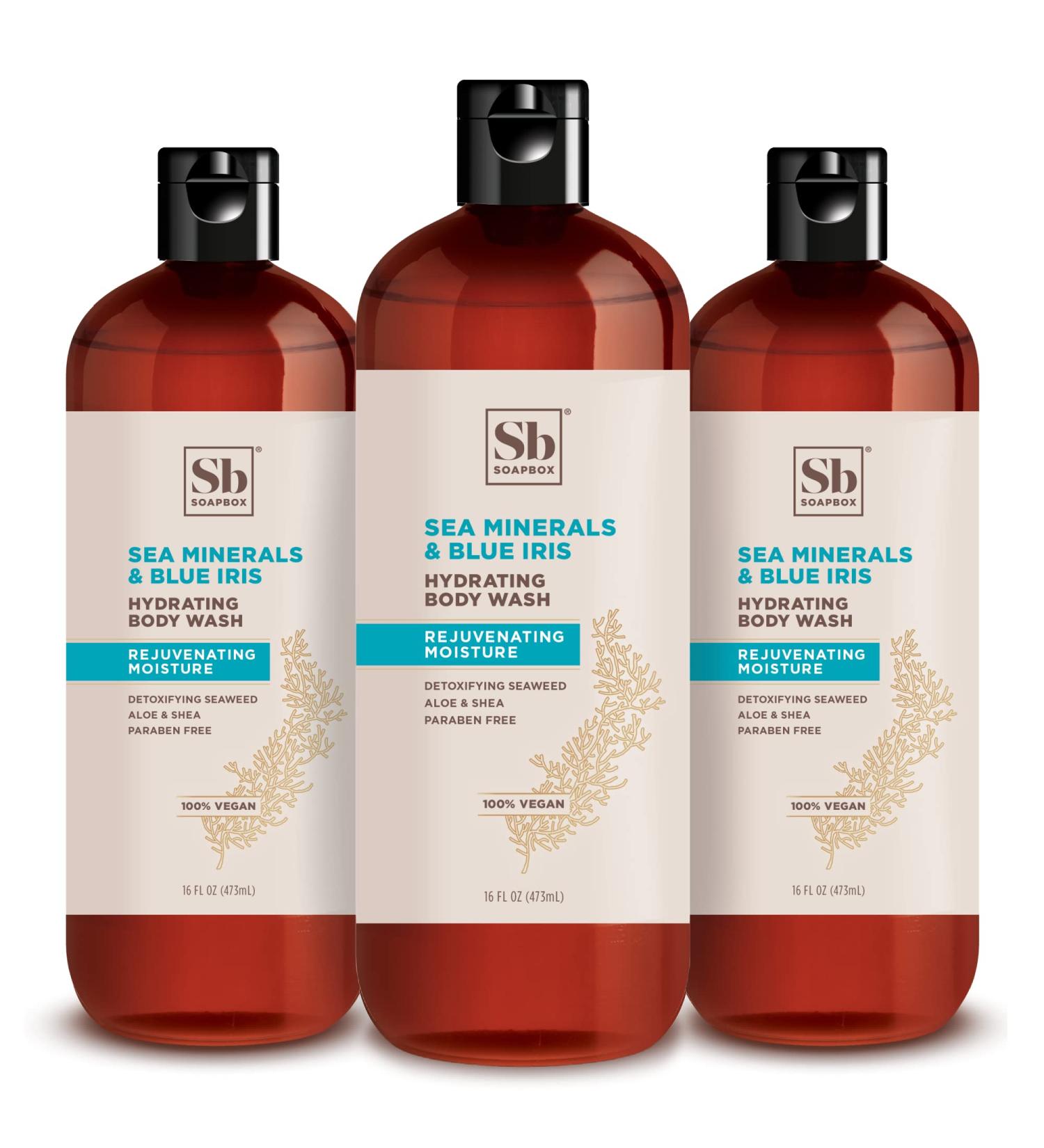 Soapbox Sea Minerals & Blue Iris Body Wash - Moisturizing Cleanser with Aloe Vera & Shea Butter | 16oz Bottles (Pack of 3) - Paraben, Gluten, Silicone Free, Cruelty Free & Vegan - Buy Online on SooperMarket.com