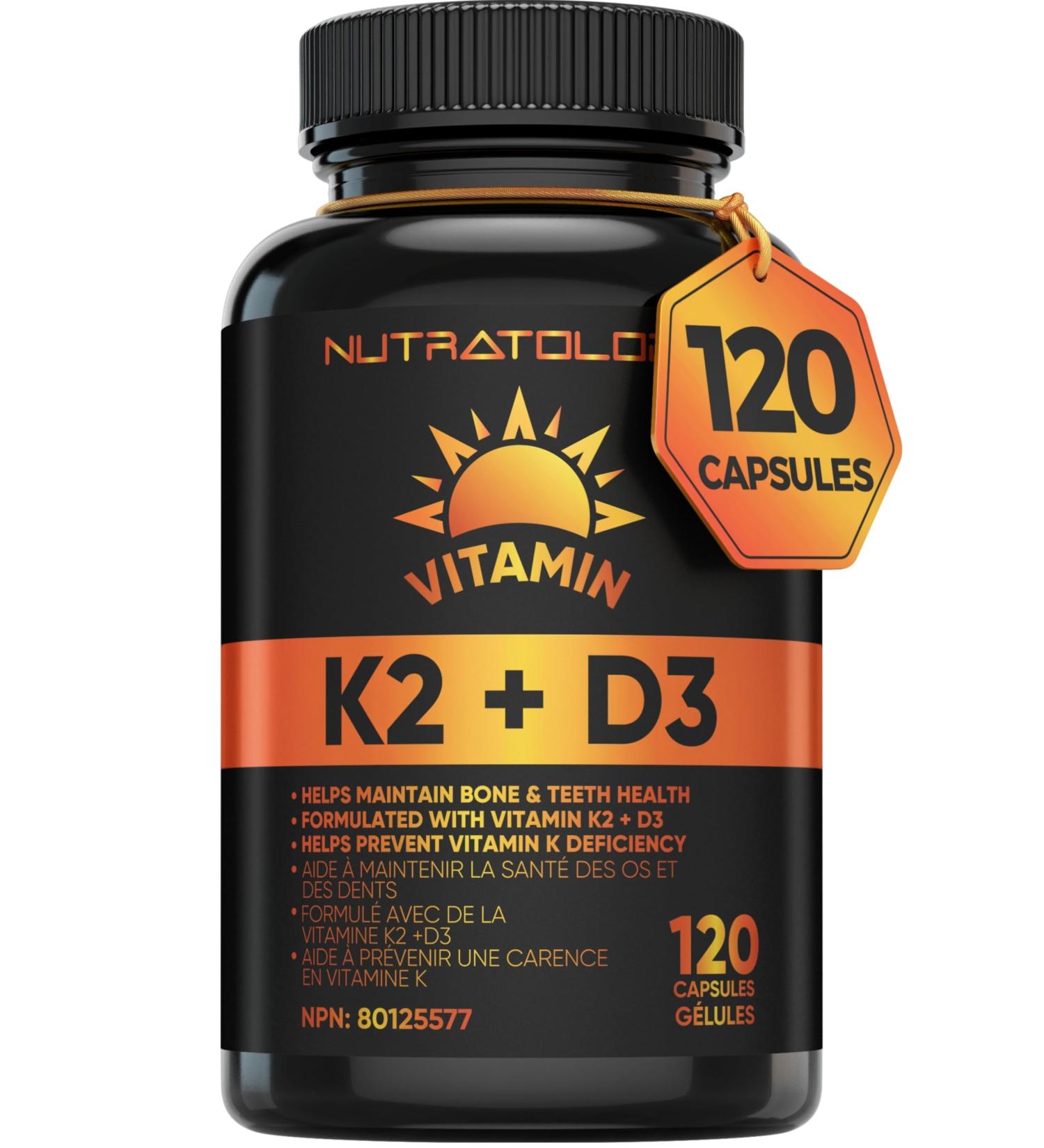 Vitamin K2 + D3 Highest Potency 120MCG/1000 IU - 120 Capsules - Helps Maintain Bone & Teeth Health - Formulated With MK-7 For Best Results - Immune System Support - Made In Canada 120 count (Pack of 1) - Buy Online on SooperMarket.com