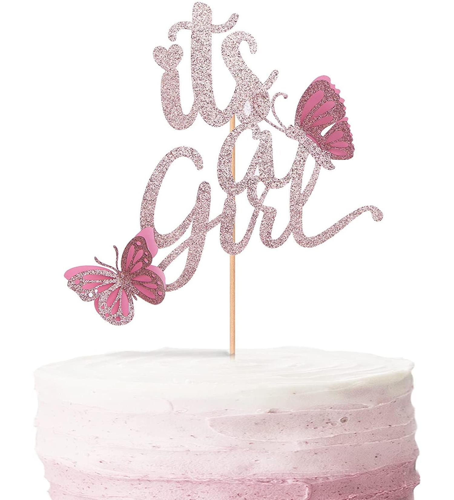 Double Sided Rose Gold 'It's A Girl' with Butterfly Cake Topper - Pink Baby Shower Decor - Buy Online on SooperMarket.com