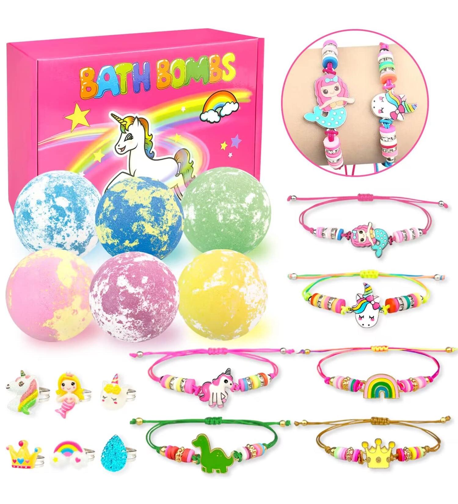 Organic Bubble Kids Bath Bombs with Surprises - Set of 6 | Safe & Natural Gifts for Girls 4-9 Years Old | Includes Bracelets and Rings Toys | Easter Basket Stuffers - Buy Online on SooperMarket.com