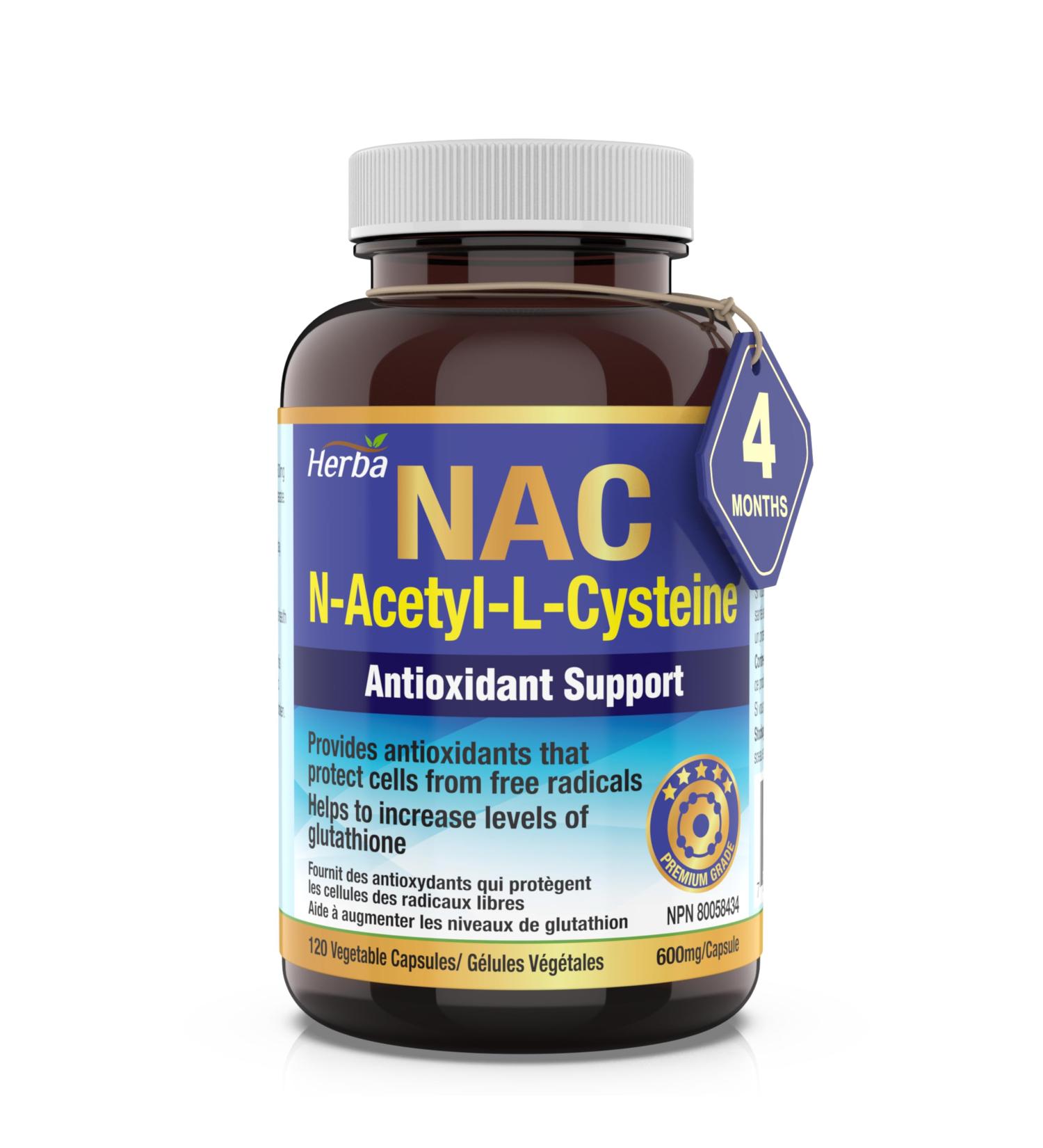 Herba NAC Supplement 600mg 120 Vegetable Capsules | N-Acetyl-L-Cysteine | NAC Supplement 600 mg for Antioxidant | Premium & Pure | Made in Canada | 120 Capsules - Buy Online on SooperMarket.com