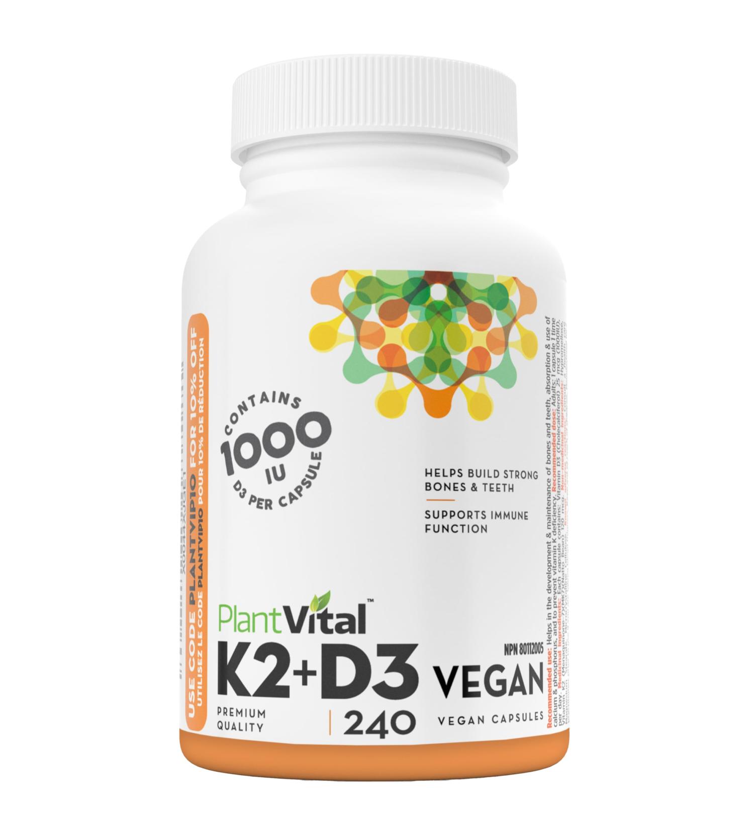 PlantVital High-Potency Vegan Vitamin D3 + K2 - (1000IU / 25 mcg + 120 mcg) for Bones Teeth Good Health and Immune System - Patented MK7 Form - K2 D3 vitamin - 8 Months Supply - 240 Capsules. 240 count (Pack of 1) - Buy Online on SooperMarket.com