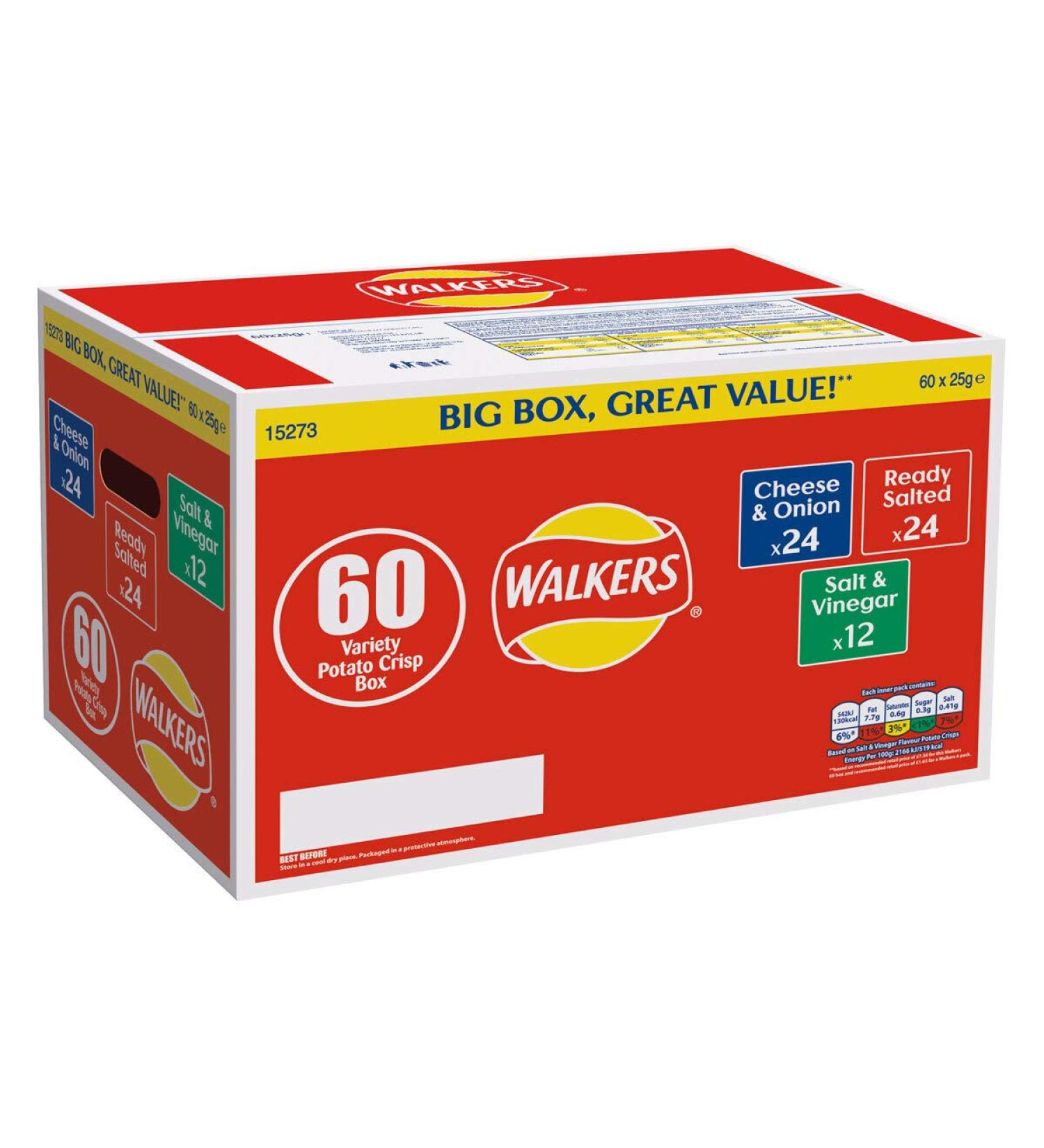 Walkers Crisps Classic Multi-Pack Box Crisps Pack Of 60 x 25g - 24 x Cheese Onion 24 x Ready Salted 12 x Salt & Vinegar 3 Different Flavours - Saver Box
