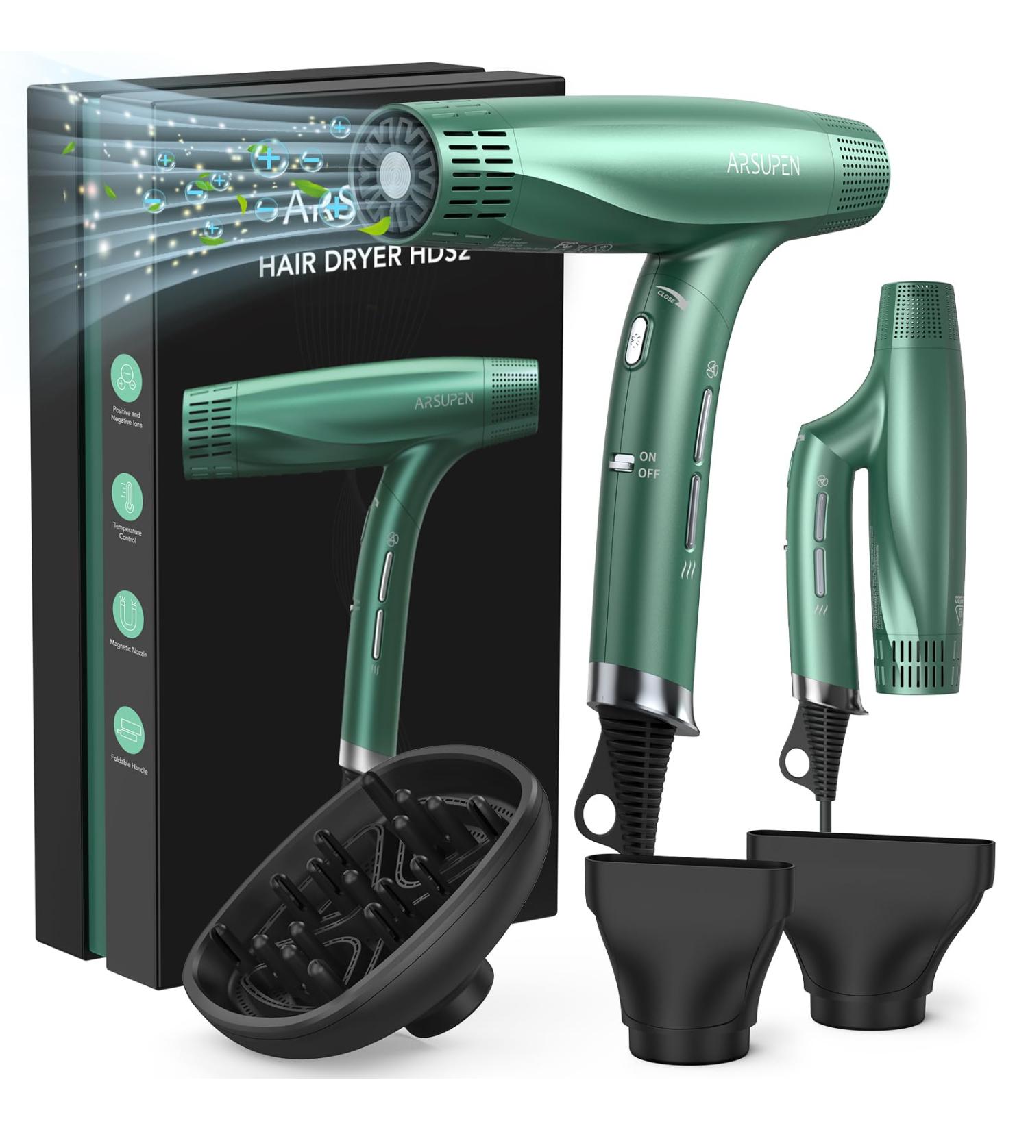 Professional Hair Dryer with Diffuser & Nozzles - 1875W 12 Modes Fast Drying Negative Ion Technology Olive Green - Perfect for All Hair Types - Buy Online on SooperMarket.com