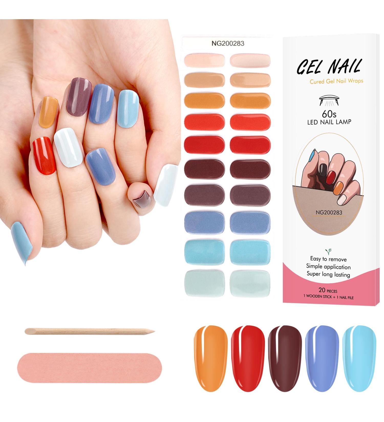 Kalolary 20PCS Nail Adhesive Wrap Nail Gel Polish Strips Full Wraps Nail Polish Stickers Cured Gel Nail Strips Self-Adhesive Gel Nail Wrap Stickers Decals(UV/LED Lamp Required) (Colorful 2) - Buy Online on SooperMarket.com