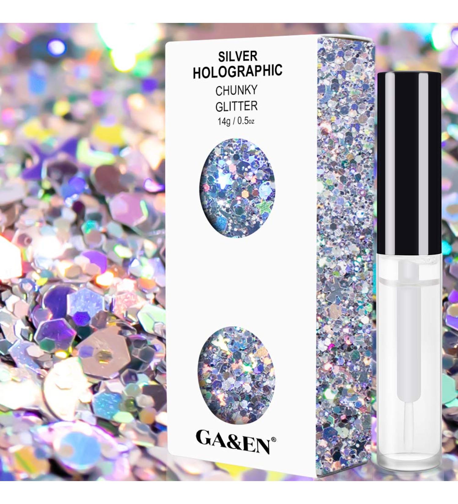 Silver Holographic Chunky Glitter Set for Festival Party - 14g Glitter + Glue Gel - Beauty Rave Accessories - Buy Online on SooperMarket.com