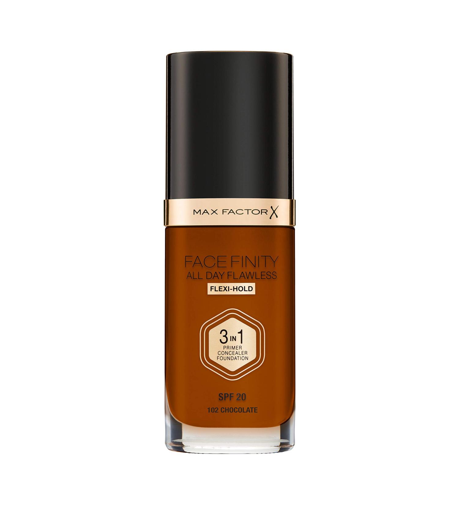 Max Factor Facefinity 3-in-1 All Day Flawless Liquid Foundation SPF 20 - 102 Chocolate 30 ml - Pack of 1 - Buy Online on SooperMarket.com