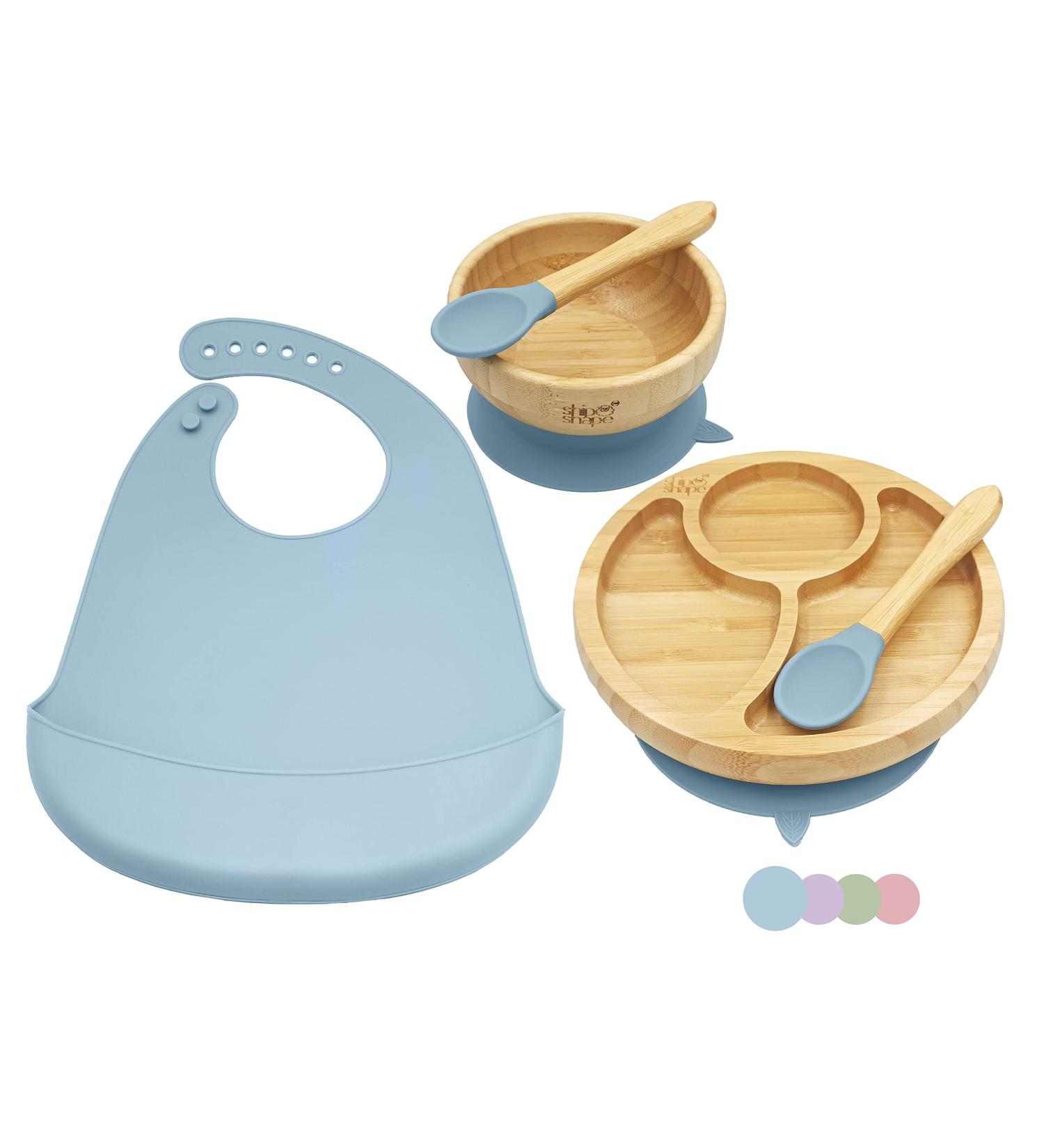 ShipShape Bamboo Baby Weaning Set | Suction Plates & Bowls, 2 Spoons, Silicone Bib | Feeding Set + Free eBook | Dusty Blue Toddler Plates & Bowls - Buy Online on SooperMarket.com