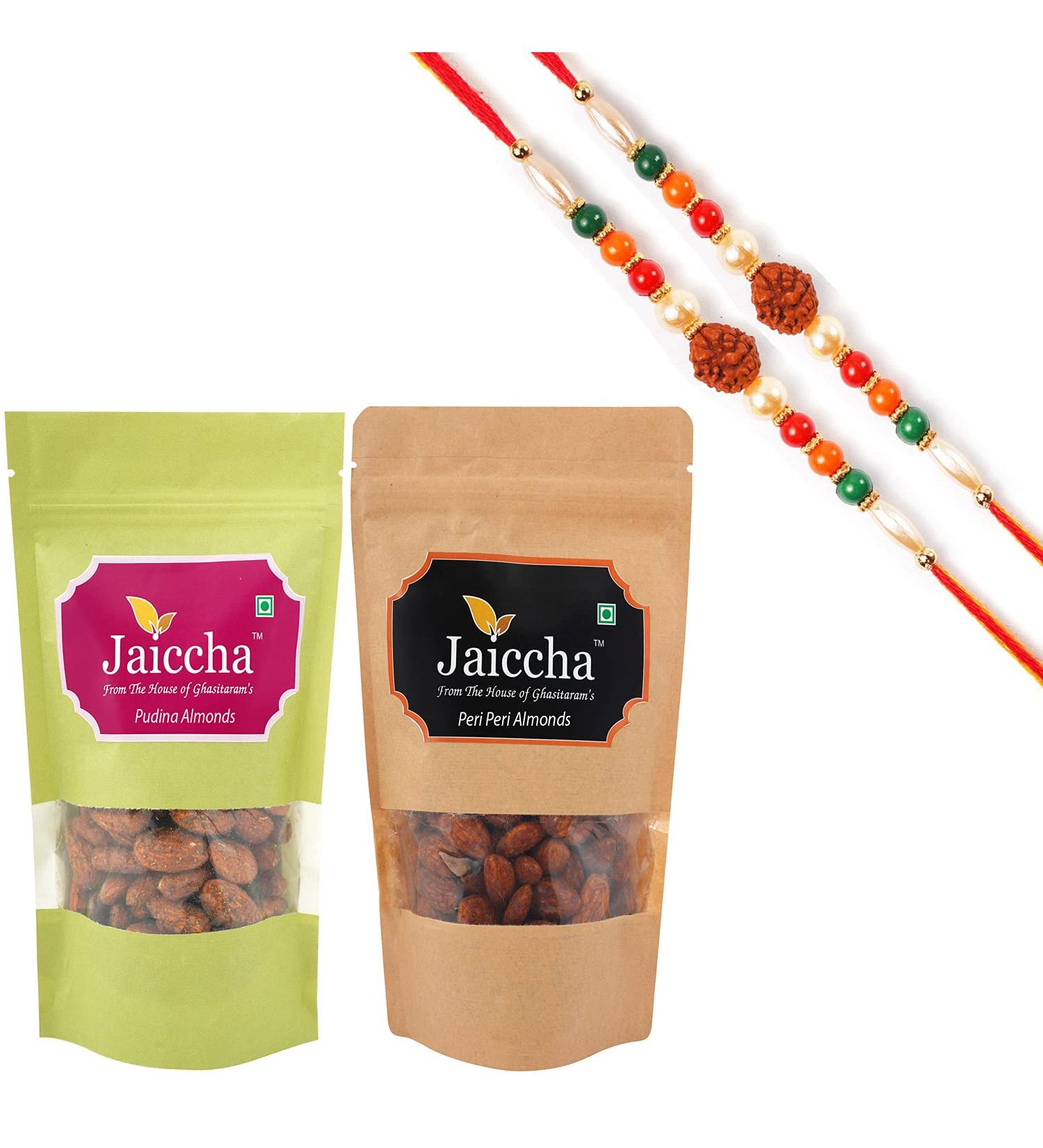 Jaiccha Ghasitaram Rakhi Gifts for Brothers Rakhi Dryfruits - Pack of 2 Peri Peri Pudina Almonds Pouches Small 200 GMS with 2 Rudraksh rakhis - Buy Online on SooperMarket.com