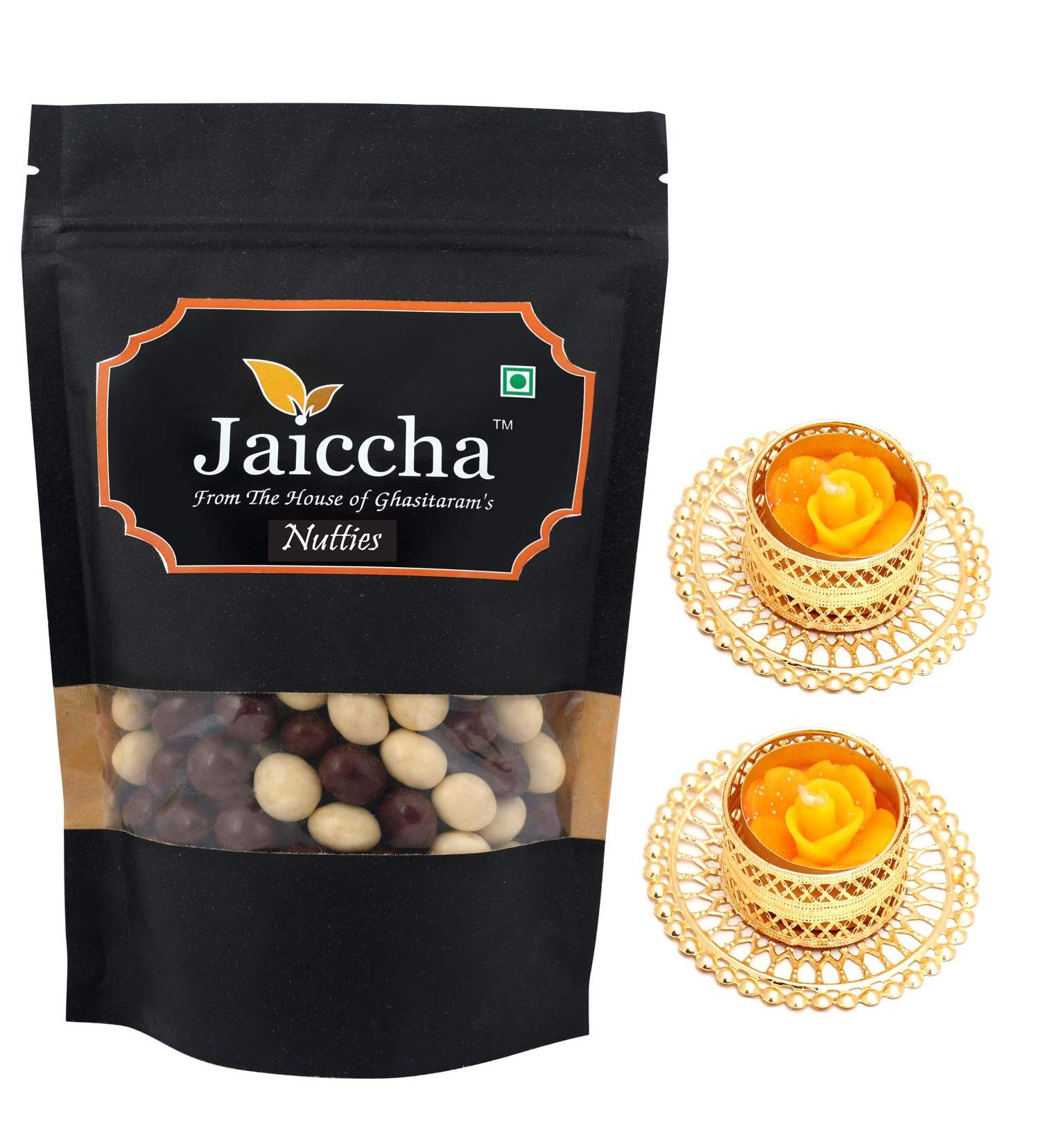 Jaiccha Ghasitaram Diwali Gifts Chocolate - Nutties 200 GMS in Black Paper Pouch with 2 T-Lites - Buy Online on SooperMarket.com