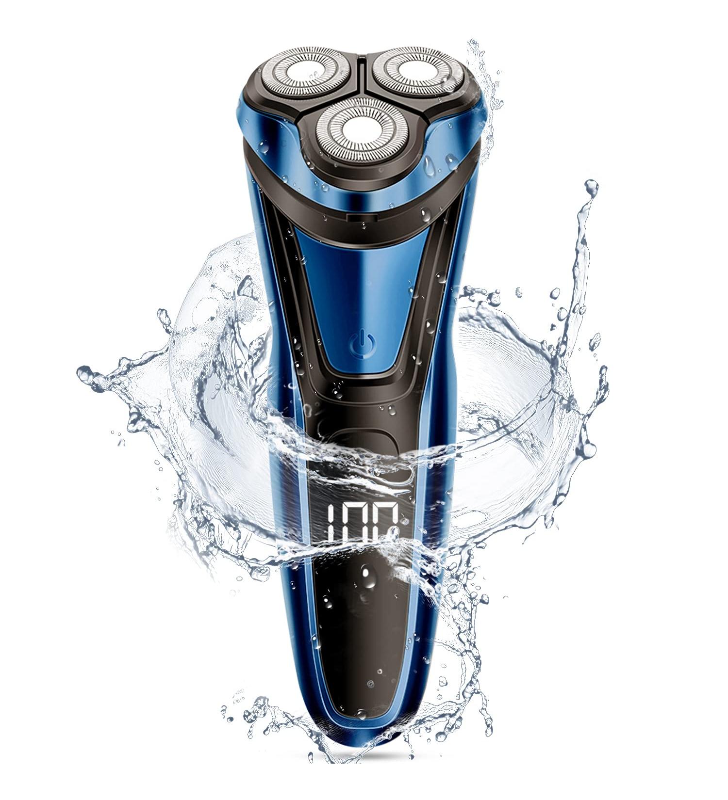 Rotary Electric Razor for Men with Pop-up Trimmer, LCD Display, Rechargeable Cordless & Waterproof - Blue - Buy Online on SooperMarket.com