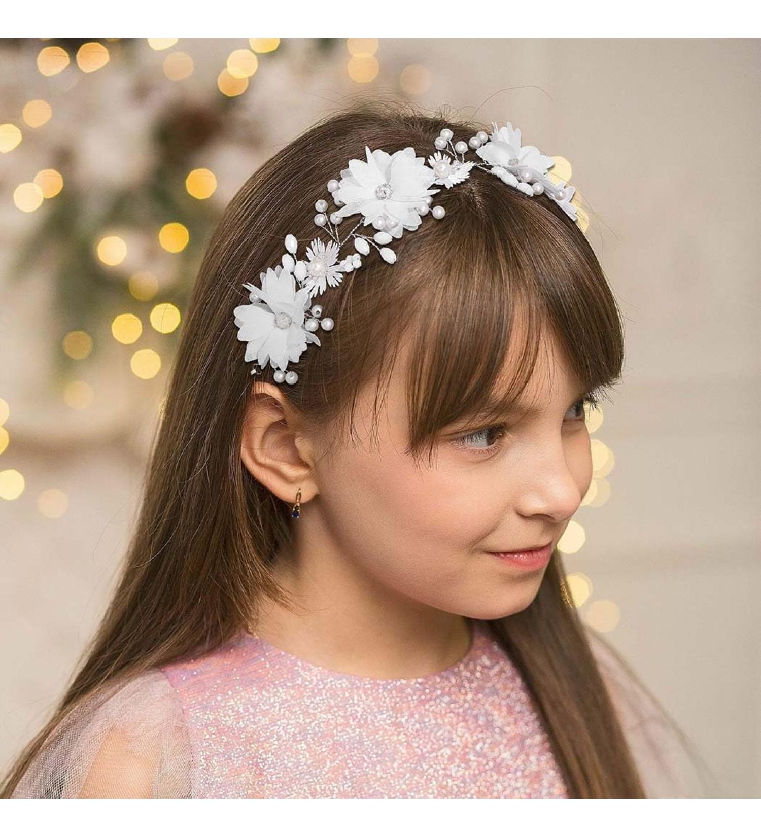 IYOU Flower Girl Headpiece Floral White Headbands Pearl Wedding Hair Vines Bridal Communion Hair Accessories for Girls - Buy Online on SooperMarket.com