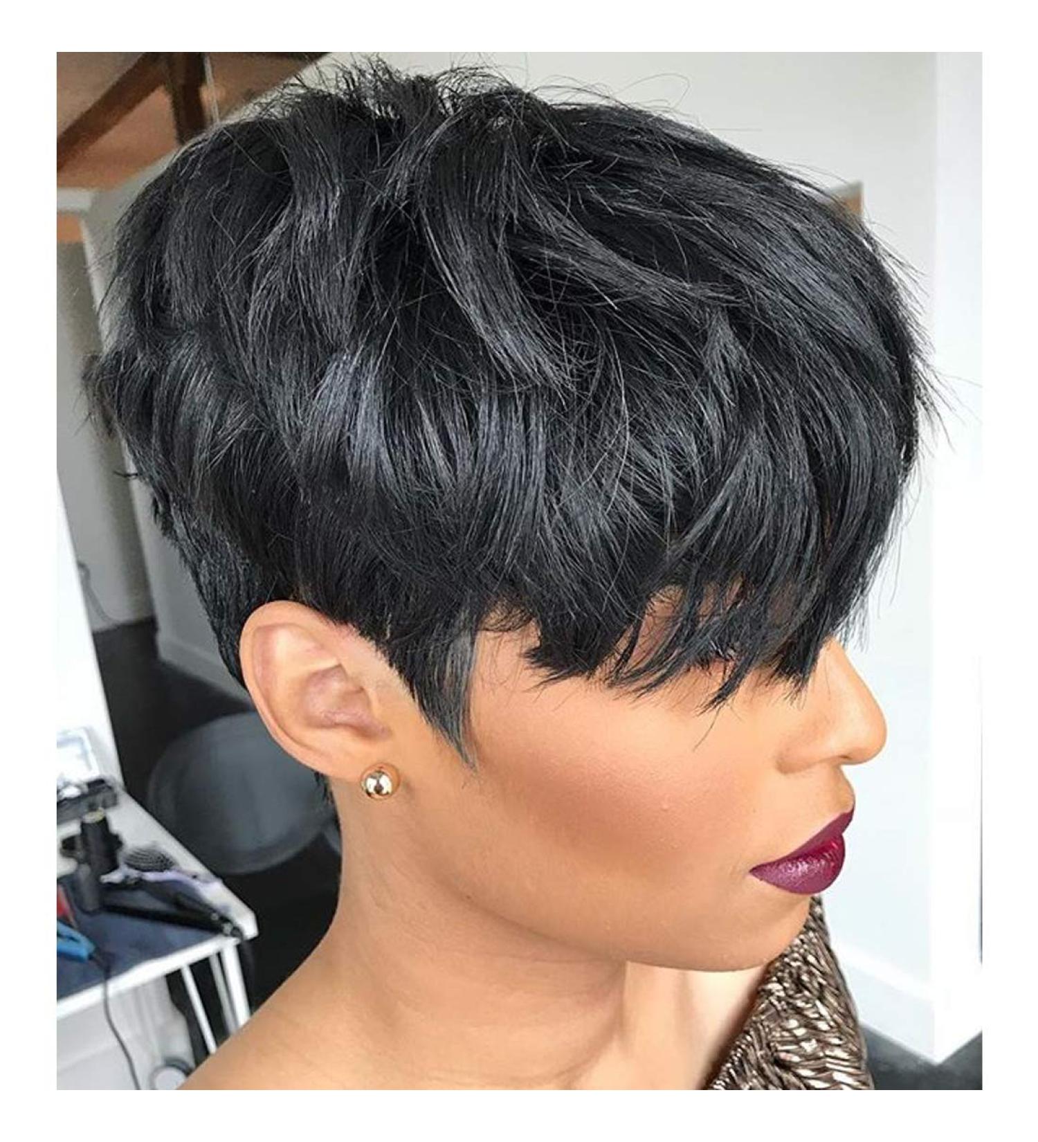 Yviann Short Black Wavy Pixie Cut Human Hair Wig with Bangs for Women - 1B Color - Buy Online on SooperMarket.com