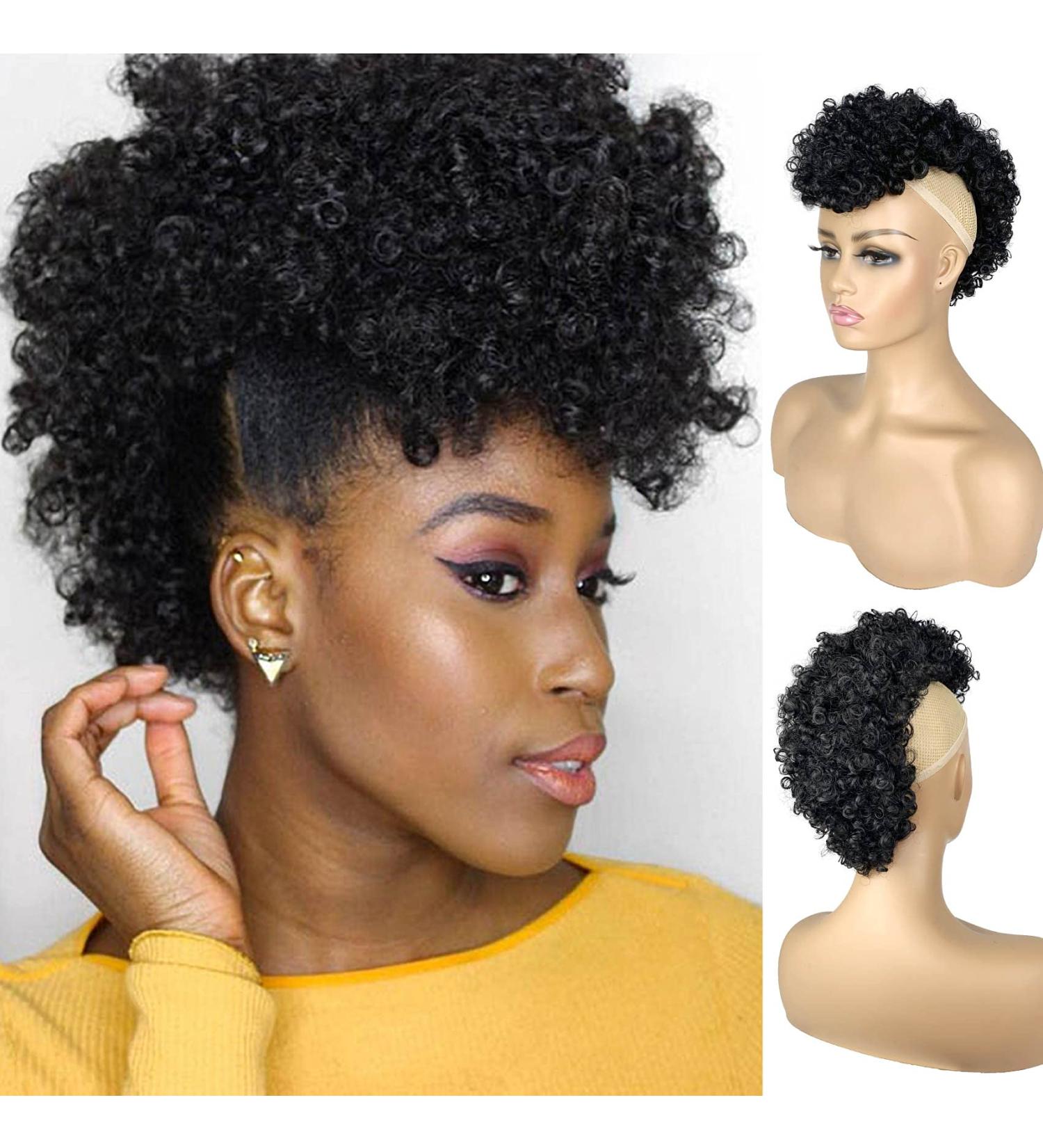 Jerry Curly Afro Puff Bun | Synthetic Clip-In Hair Extension with Bangs | Afro Kinky Curly Hair Bun | 1B Black - Buy Online on SooperMarket.com