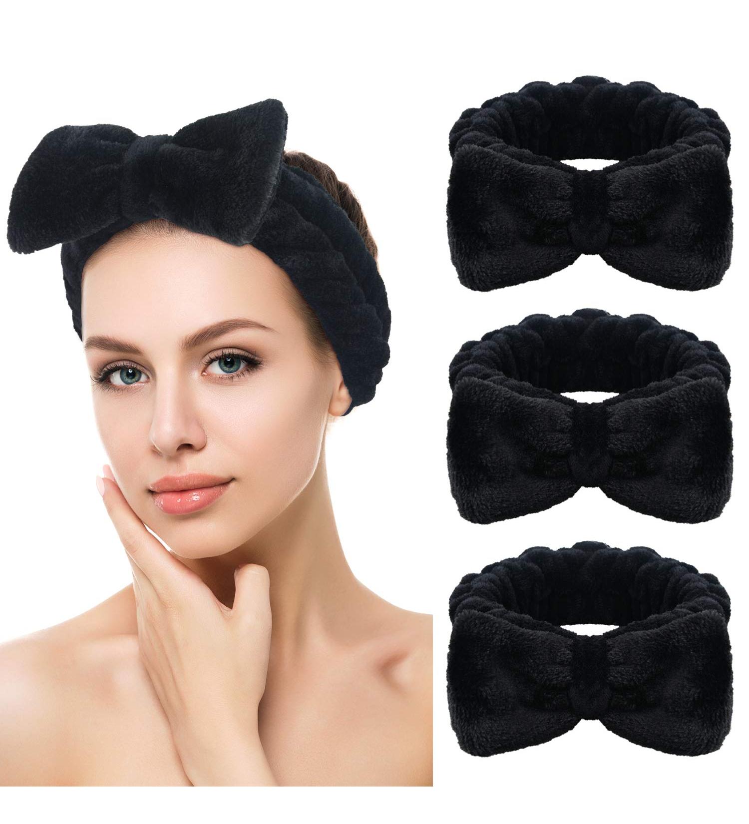 SINLAND Bow Hair Bands Spa Headband for Women Black 3Pack - Ideal for Washing Face and Makeup - Comfortable and Stylish - Buy Online on SooperMarket.com