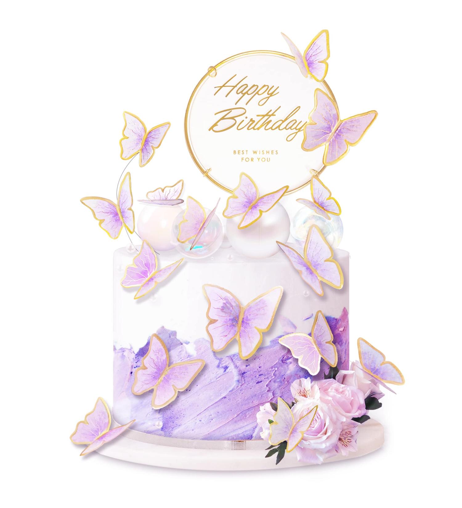11-Piece Purple Gold Butterfly Cake Toppers | Happy Birthday Metal Cake Decorations - Buy Online on SooperMarket.com