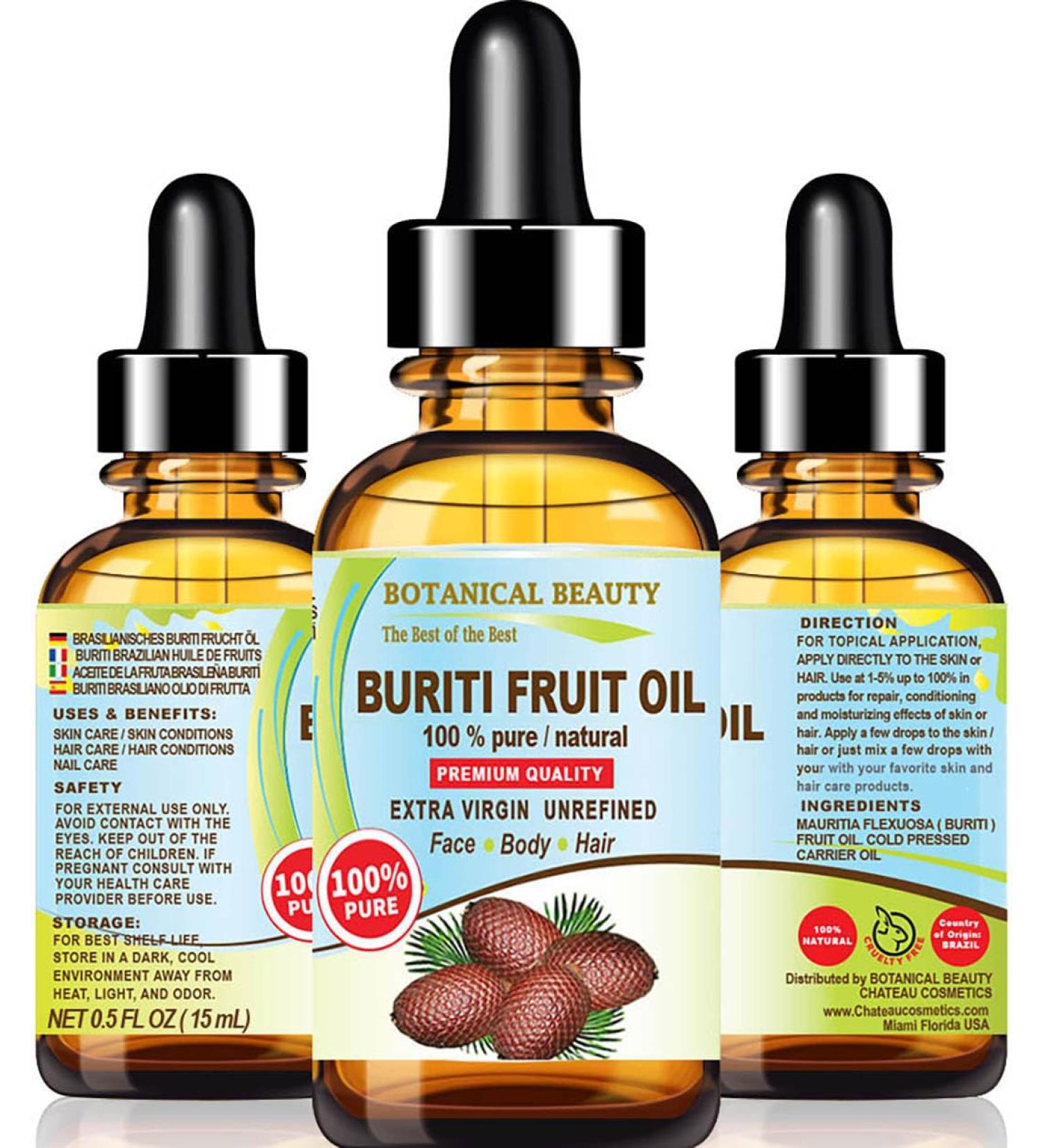 Buy Pure Brazilian Buriti Fruit Oil - Natural Virgin Cold Pressed Carrier Oil for Face Body Hair & Nails - 0.5 fl. oz by Botanical Beauty - International Shipping Available - Buy Online on SooperMarket.com