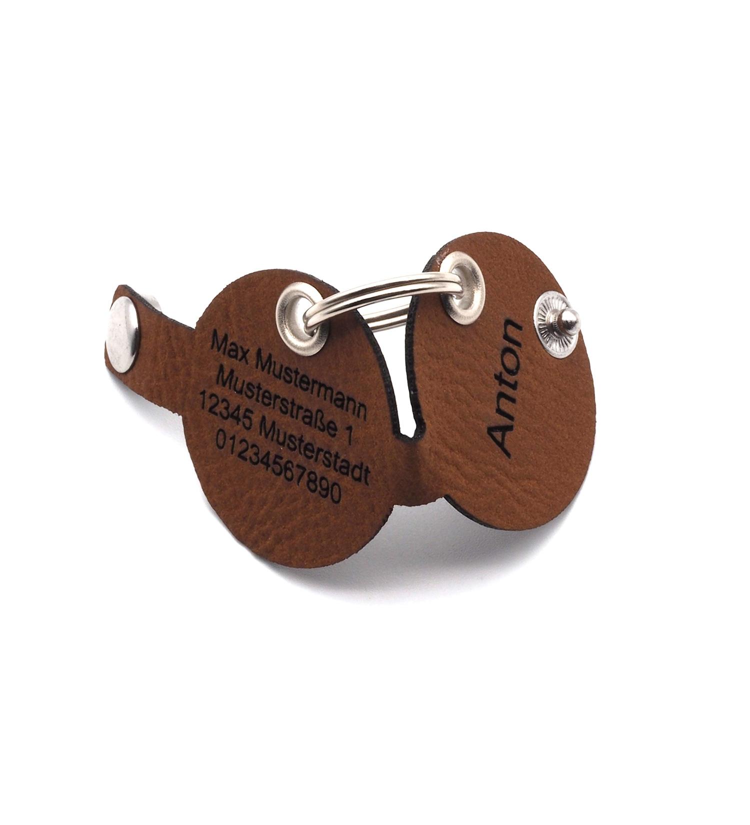 Customizable Brown Dog Pocket with Push Button Engraving - Round Pear Design | Synthetic Leather | Double-Sided Engraving | 30mm Diameter | Perfect for Pet Lovers - Buy Online on SooperMarket.com