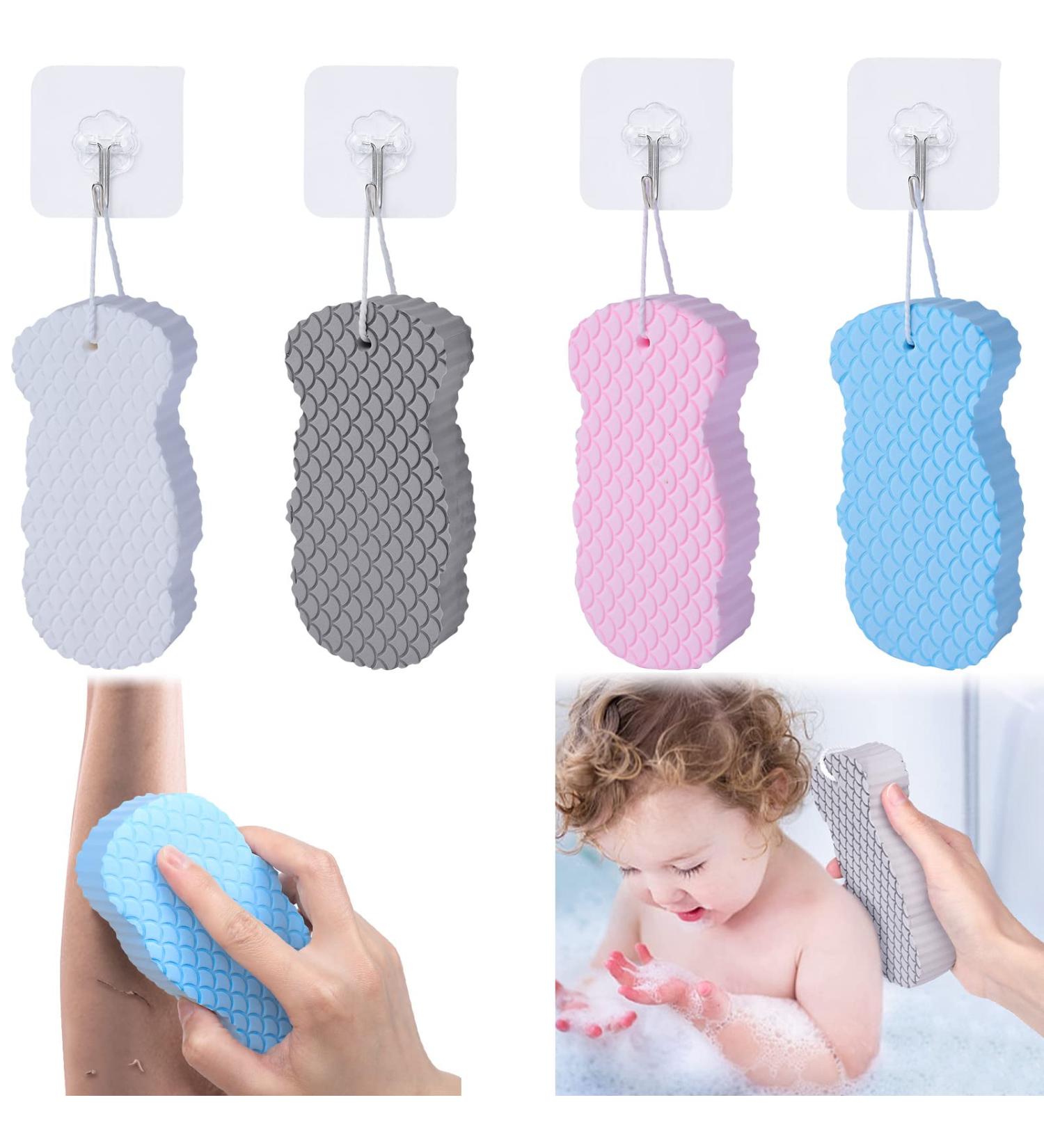 4Pcs Ultra Soft Bath Body Shower Sponge Set | Exfoliating Dead Skin Remover with Sticky Hooks | Ideal for Pregnant Women, Adults, Children | Pink Blue Gray White - Buy Online on SooperMarket.com