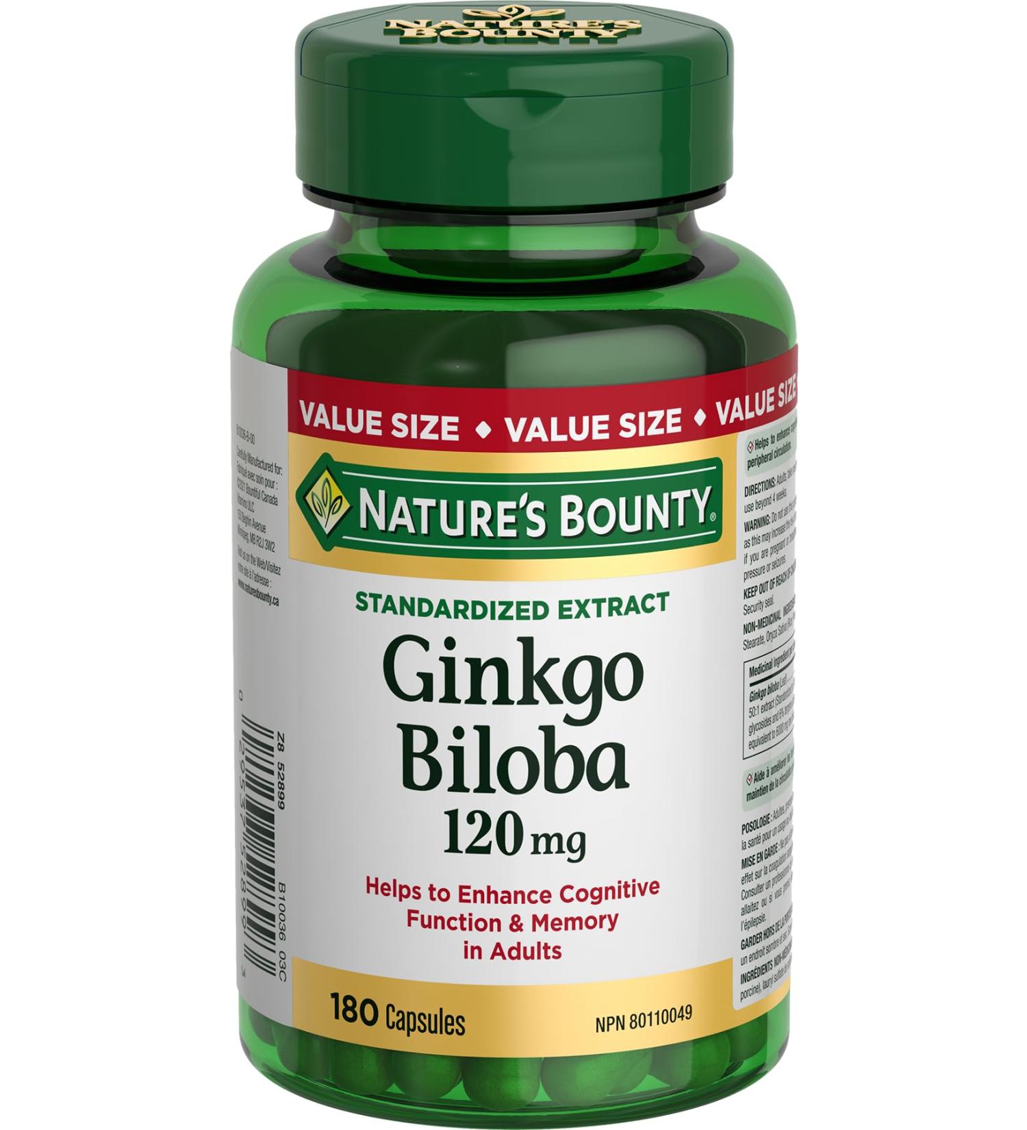 Nature's Bounty Ginkgo Biloba Pills and Herbal Health Supplement Helps Enhance Cognitive Function and Memory 120mg 180 Capsules 180 count (Pack of 1) - Buy Online on SooperMarket.com