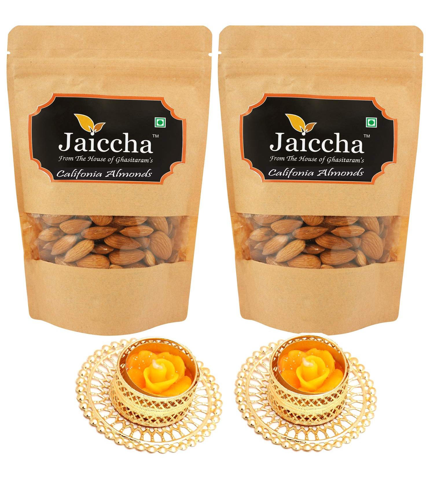 Jaiccha Ghasitaram Diwali Gifts Dryfruit - American/ Califonia Almonds 400 GMS in Brown Paper Pouch with 2 T-Lites - Buy Online on SooperMarket.com