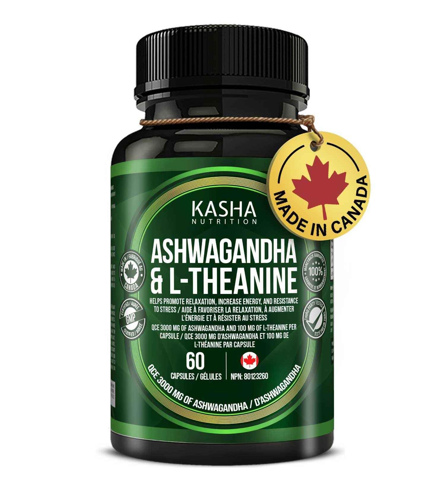 KASHA Nutrition Ashwagandha 3000 mg and L-theanine 100 mg Per Capsule | High Potency 10:1 Extract Expert Formulated | Resistance to Stress Promote Relaxation Energy Memory Enhancement Sleep Aid & Rejuvenative Tonic | Proudly Canadian | No Additives (60 Co - Buy Online on SooperMarket.com