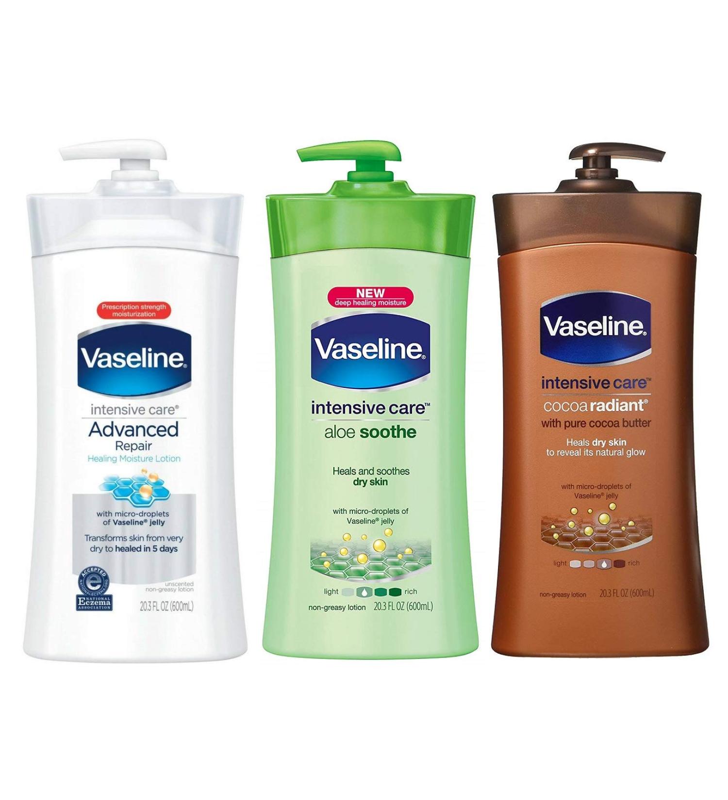 Vaseline Lotion Intensive Care 20.3 Ounce Variety Pack Advanced Repair Unscented Aloe Soothe Cocoa Radiant