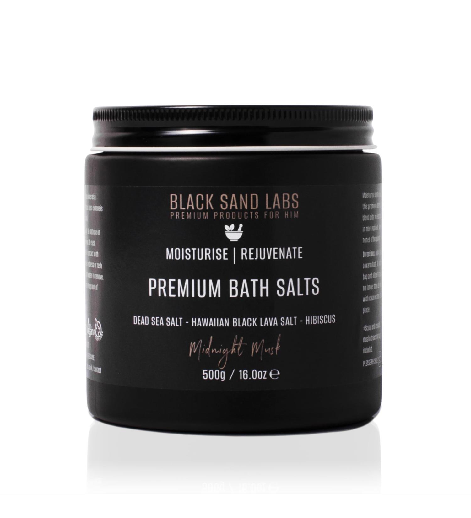 Black Sand Labs Premium Bath Salts for Him Premium Blend of Dead Sea & Hawaiian Black Lava Salts That Moisturises and Rejuvenates Skin Luxury Bath Salts for Men (Midnight Musk) - Buy Online on SooperMarket.com