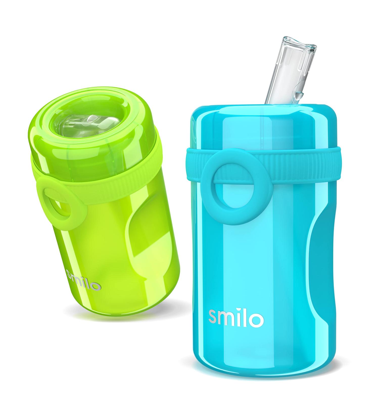 Smilo Sippy Cup 2 Pack for Toddlers (1+ years) - Spill Proof, Fold-Away Silicone Spout - 8.5 oz Capacity - BPA-Free - Made in USA - Aqua & Green/Blue - 2 Pack - Buy Online on SooperMarket.com