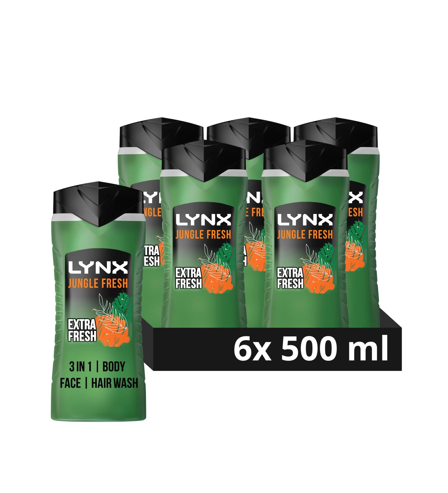 Lynx Jungle Fresh 3-in-1 Body Wash hair face and body cleanser with a palm leaves & amber scent for a refreshing shower 6x 500 ml - Buy Online on SooperMarket.com