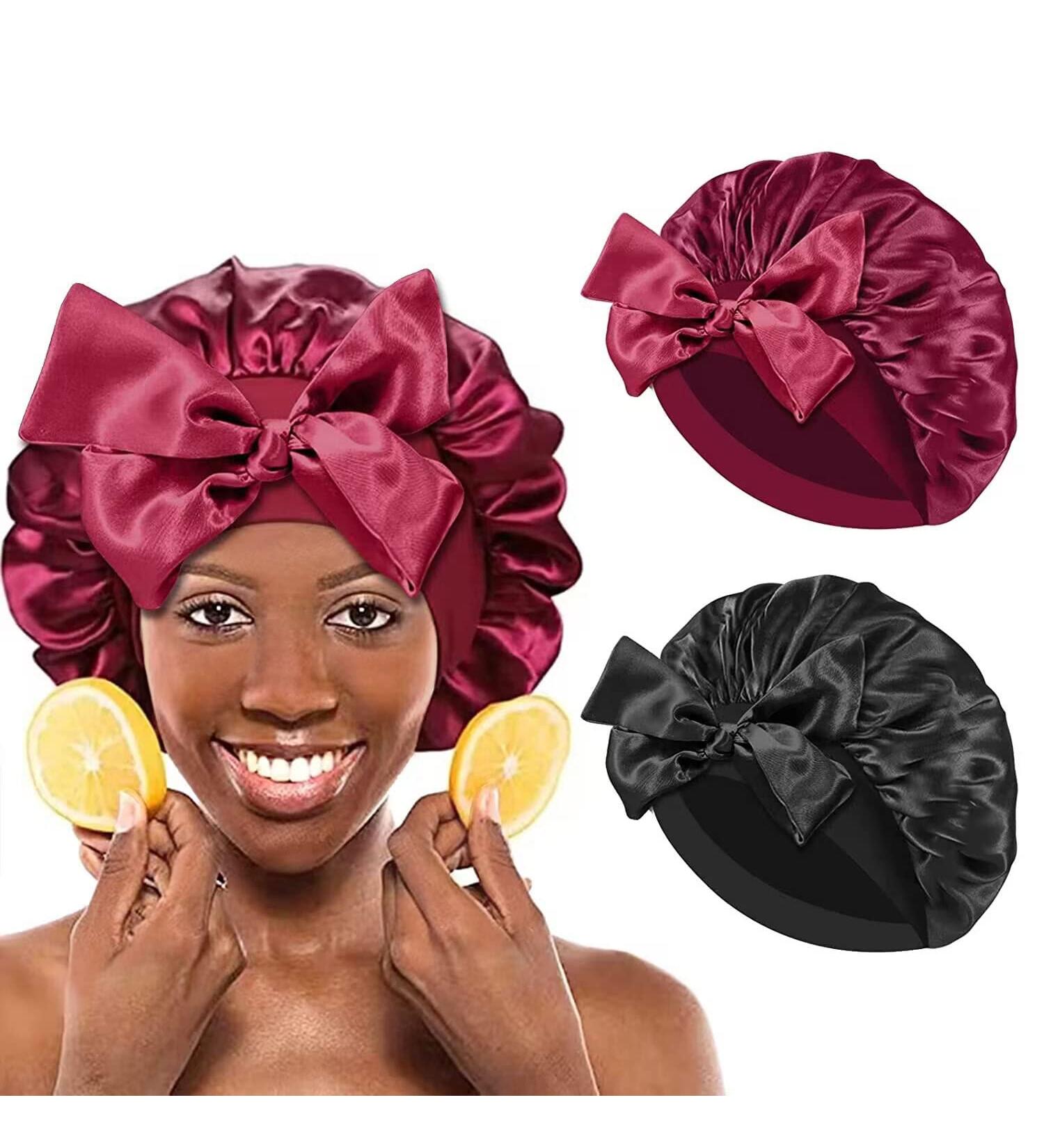 2 PCS Silk Bonnets for Black Women - Reversible Satin Hair Wrap Cap for Sleeping & Showering | Adjustable Satin Night Cap for Long Curly Hair - Black & Wine Red - Buy Online on SooperMarket.com