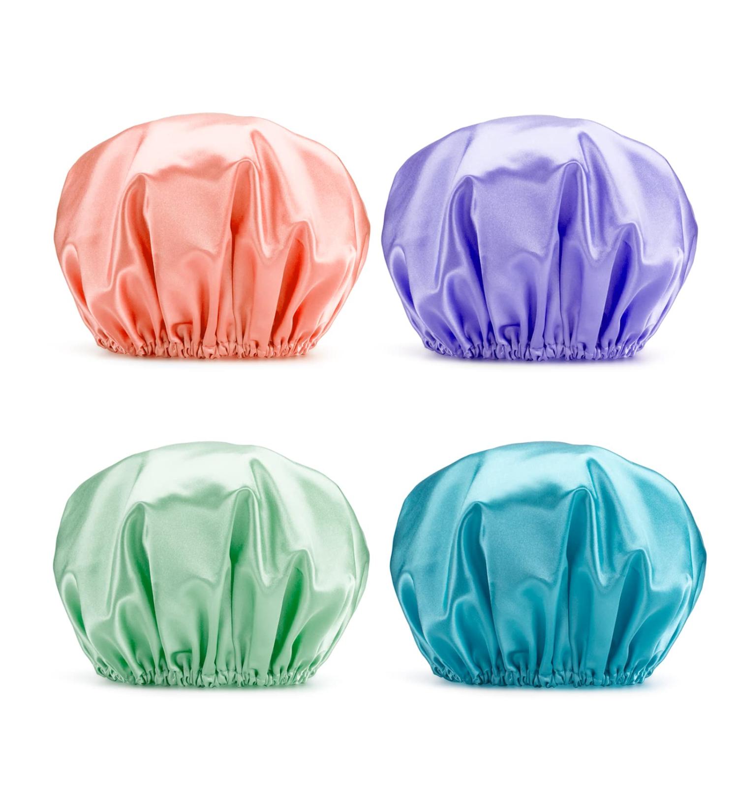 AmazerBath 4-Pack Shower Caps for Women - Double Waterproof, Reusable & Large Size in Green, Purple, Pinkish-Orange, Blue - Buy Online on SooperMarket.com