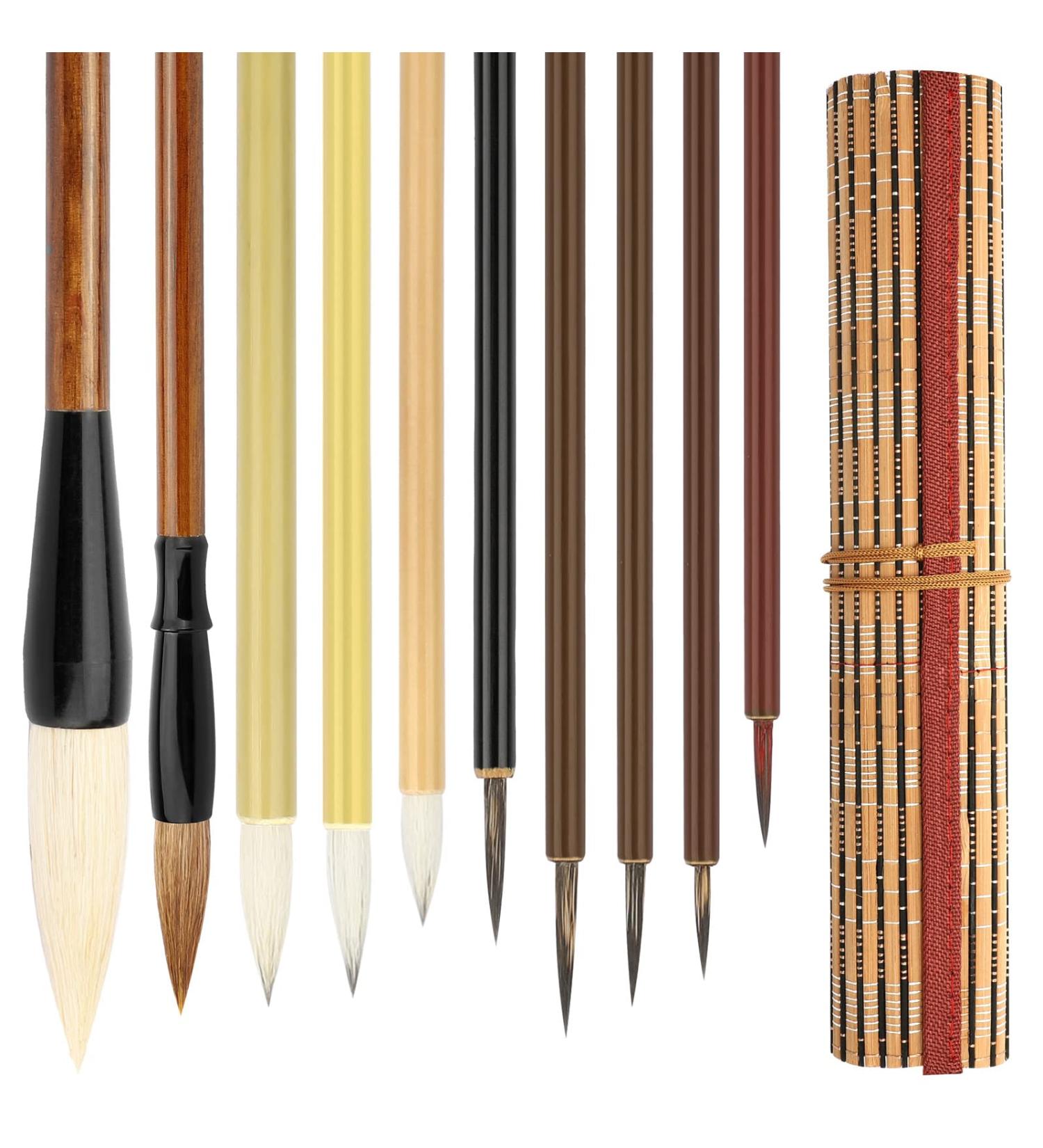 10-Piece Chinese Calligraphy Brushes Set with Bamboo Holder - SUNJOYCO Painting Writing Brush for Kanji Japanese Sumi Drawing, Watercolor Art Brushes for Beginners - Buy Online on SooperMarket.com