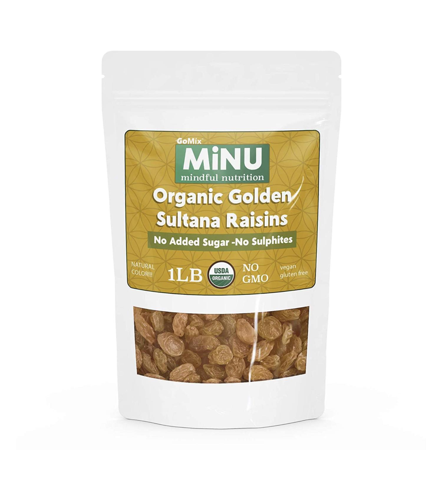 MiNU Organic Golden Raisins Sultanas - 16 oz (1 lb) | No Sulfur, No Added Sugar | Seedless Superfood for Raw, Paleo, Vegan, NonGMO, Gluten Free Diets - Buy Online on SooperMarket.com