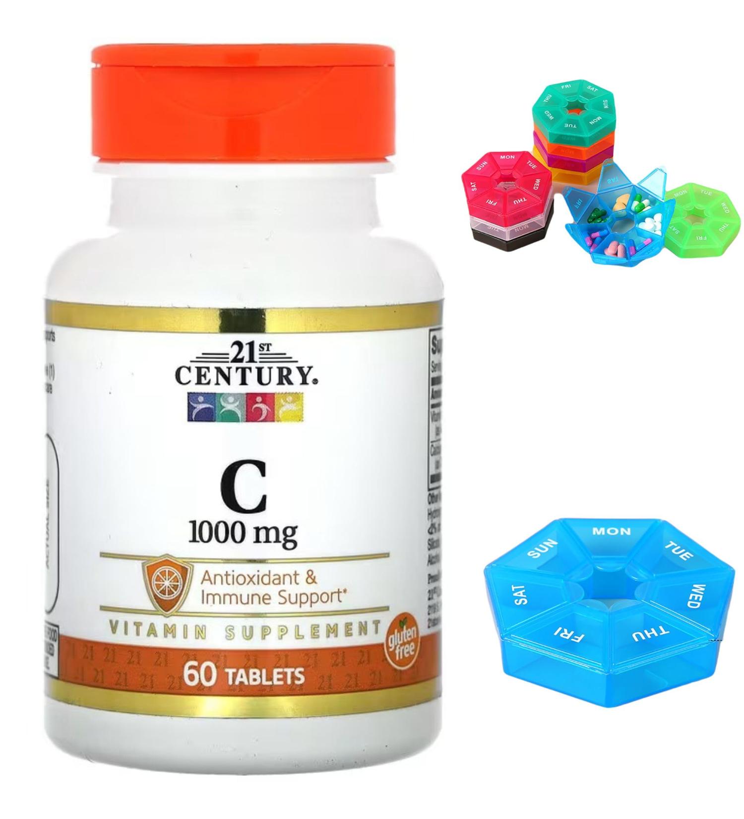 Supplement Vitamin C Compatible with 21st Century 1 000 mg 60 Tablets Antioxidant & Immune Support Gluten Free + Bonus Pill Organizer Weekly Pill Organizer Mini - Buy Online on SooperMarket.com