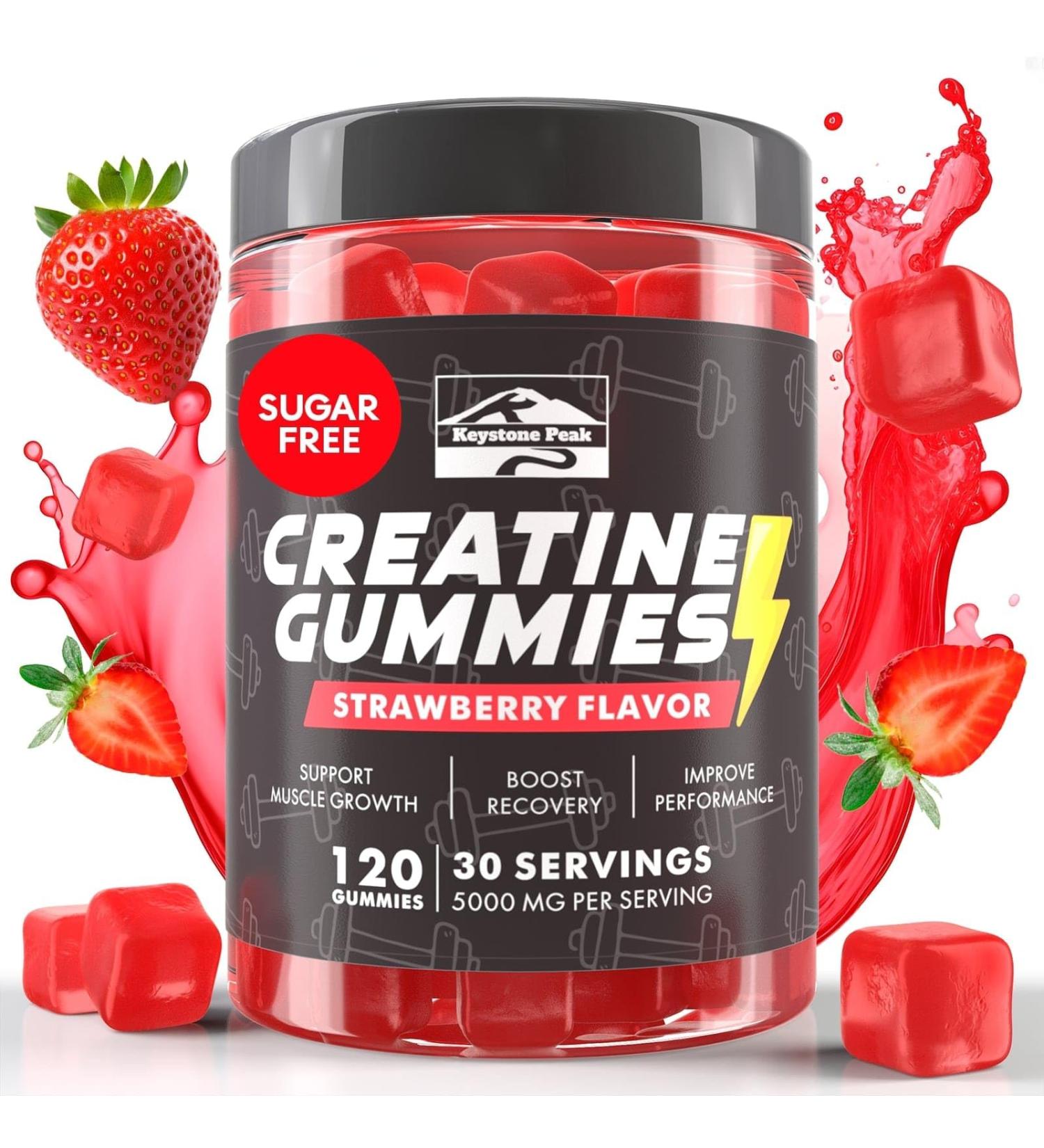 KP Creatine Monohydrate Gummies Strawberry for Men & Women 100% Creatine Strawberry Gummies 5g per Serving + Vegan Sugar Free + Strength Energy Muscle & Booty Gain - 120 Count - Buy Online on SooperMarket.com
