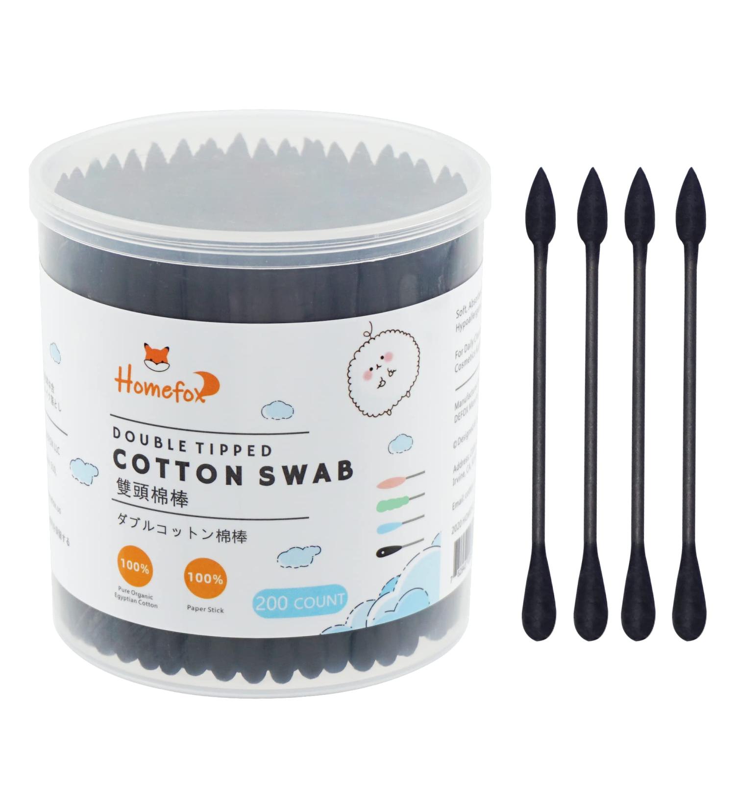 HOMEFOX Black Cotton Swabs - 200 Count, Organic Charcoal Tip, Double Sided, Gentle & Cruelty-Free - Buy Online on SooperMarket.com