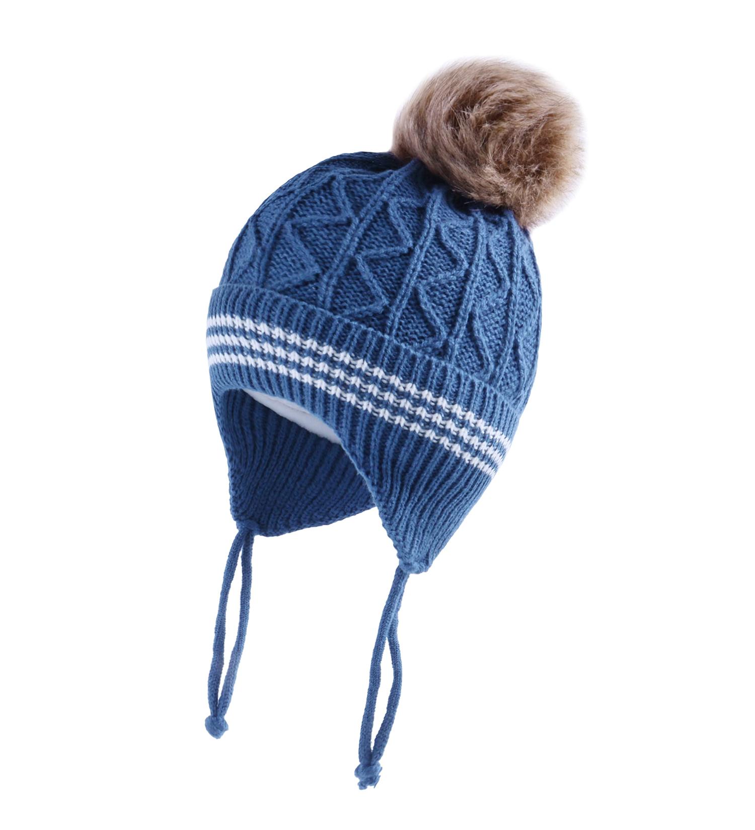 LANGZHEN Toddler Winter Hat | Earflap Knit Cap for Baby Boys Girls 2-4 Years | Blue-Pompon - Buy Online on SooperMarket.com