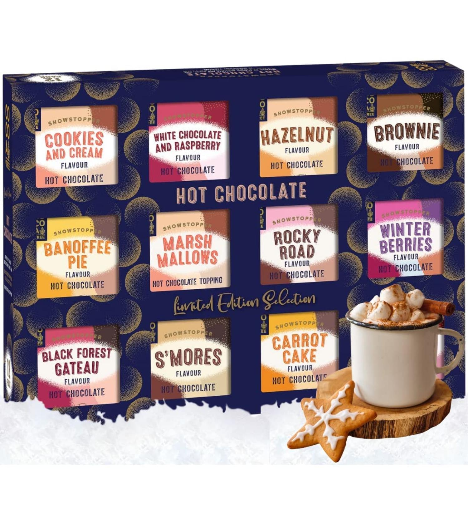 Hot Chocolate Selection Gift Set - 12 Assorted Flavours in Cookies n Creme Rocky Road Berries Cherries & Marshmallows - 400g | Perfect Christmas Gift for Men, Women, Her, Him - Buy Online on SooperMarket.com