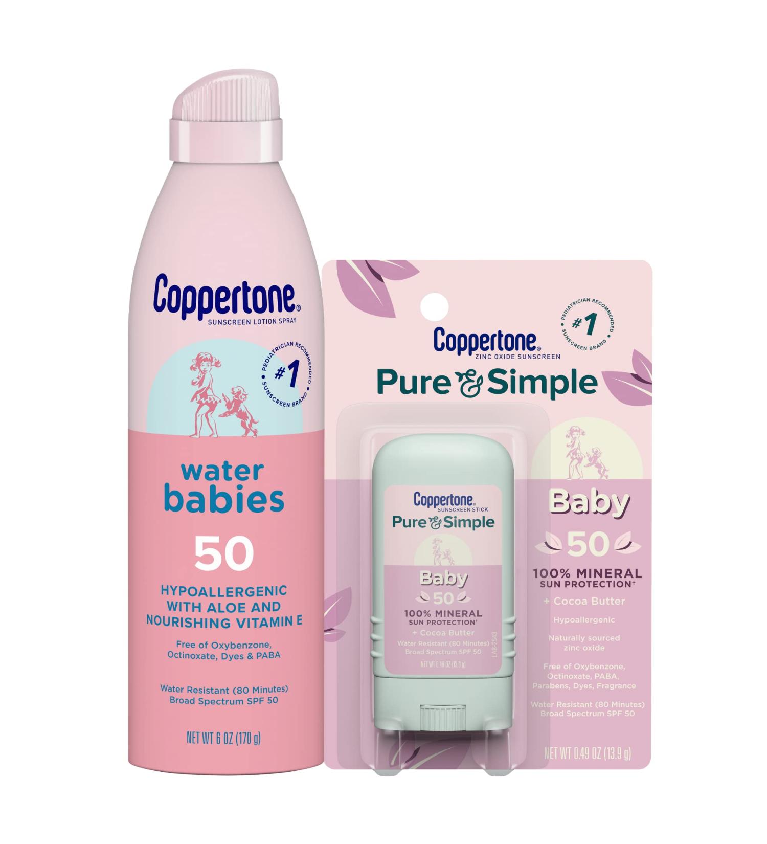Coppertone WaterBabies SPF 50 Sunscreen Spray & Pure and Simple Stick Bundle (6oz Spray & 0.49oz Stick) - Buy Online on SooperMarket.com