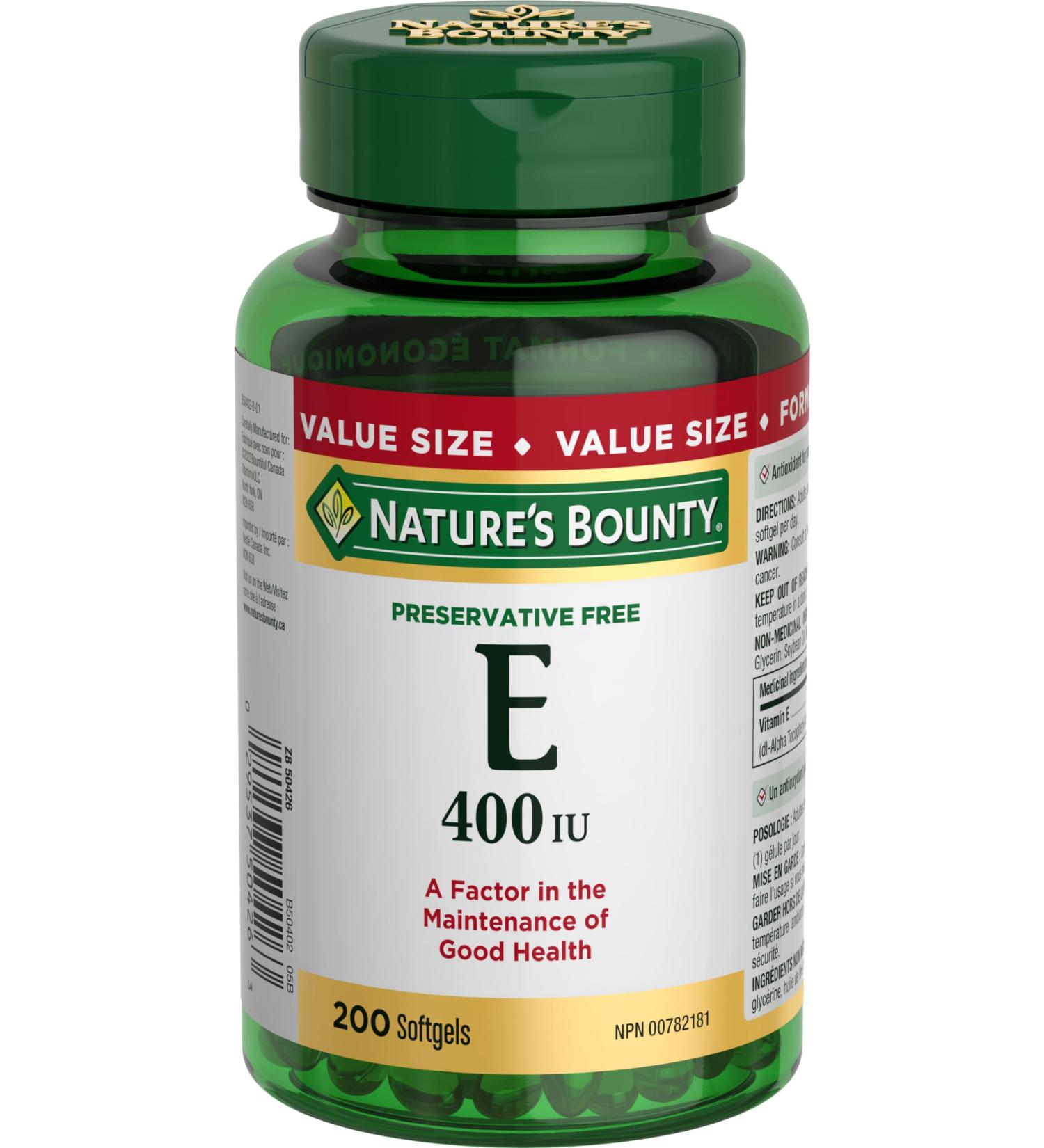 Nature's Bounty Vitamin E Pills And Supplement Helps Maintain Health 400Iu 200 Softgels - Buy Online on SooperMarket.com