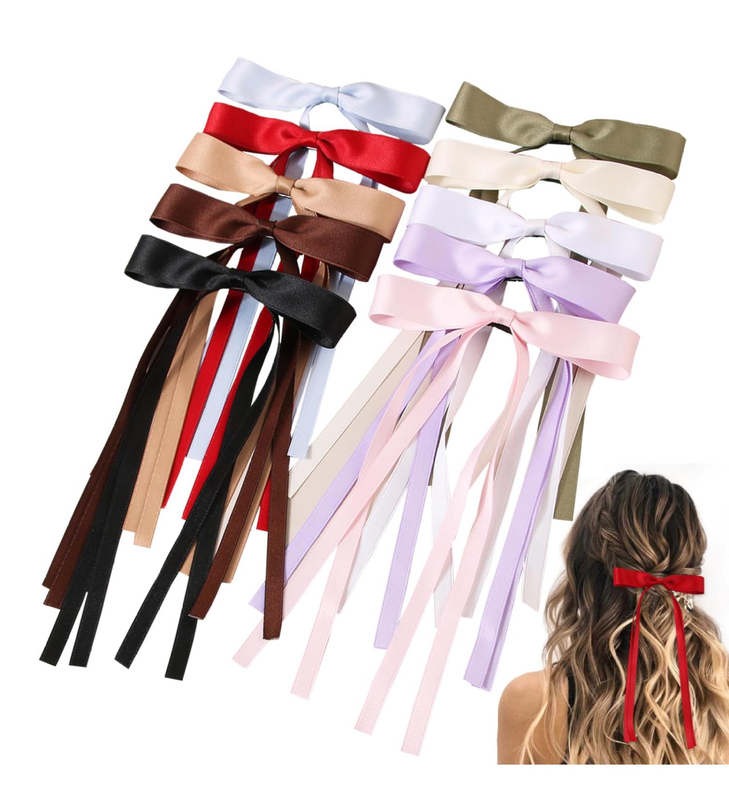 10PCS Hair Bows for Women Tassel Ribbon Hair Clip with Long Tail French Bow Hair Clips Solid Hair Ribbons for Women Girls - Buy Online on SooperMarket.com