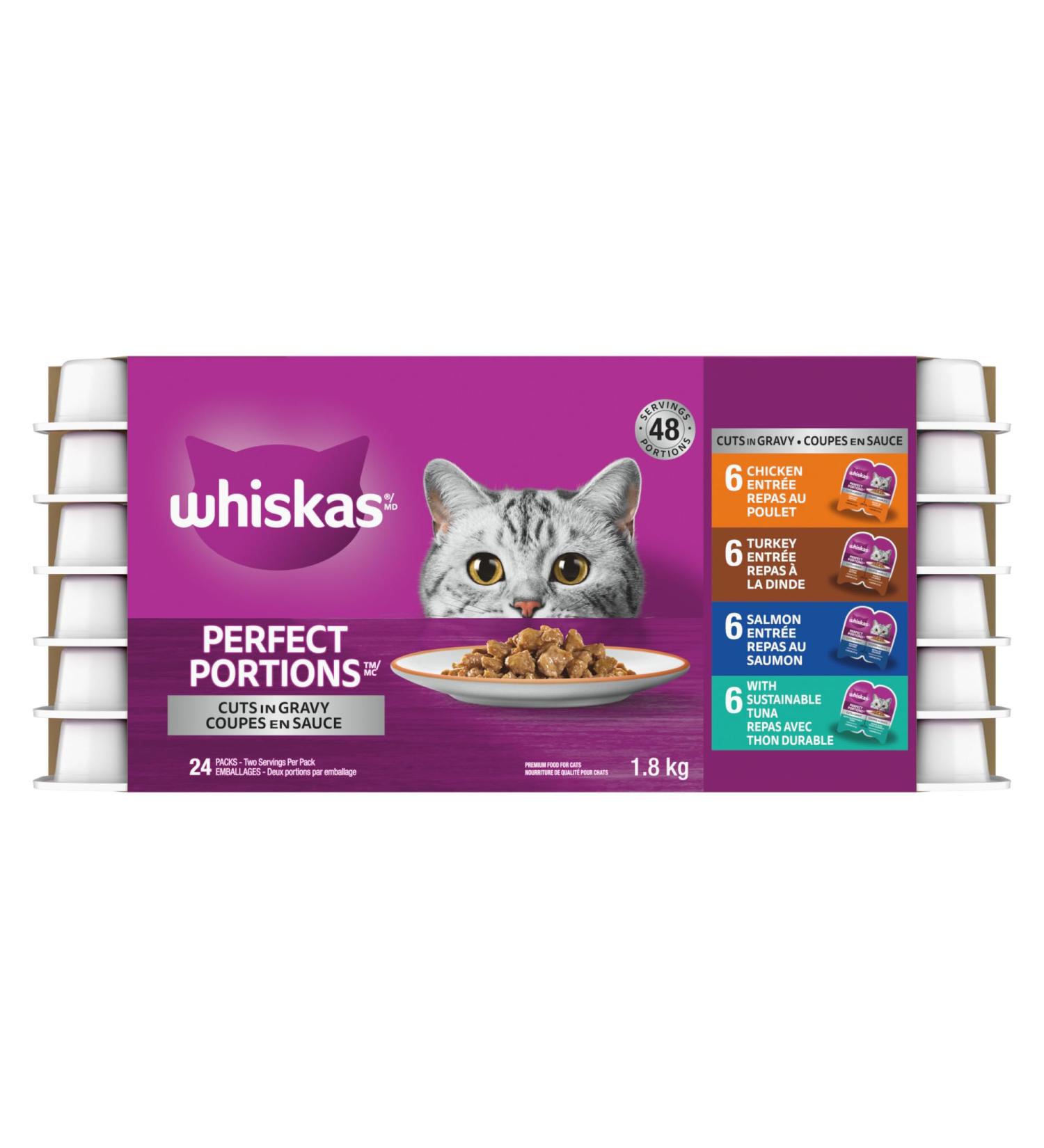 Whiskas Perfect Portions Adult Wet Cat Food Cuts in Gravy Variety Pack Chicken Turkey Salmon Tuna - 75g (24 Pack) - Buy Online on SooperMarket.com
