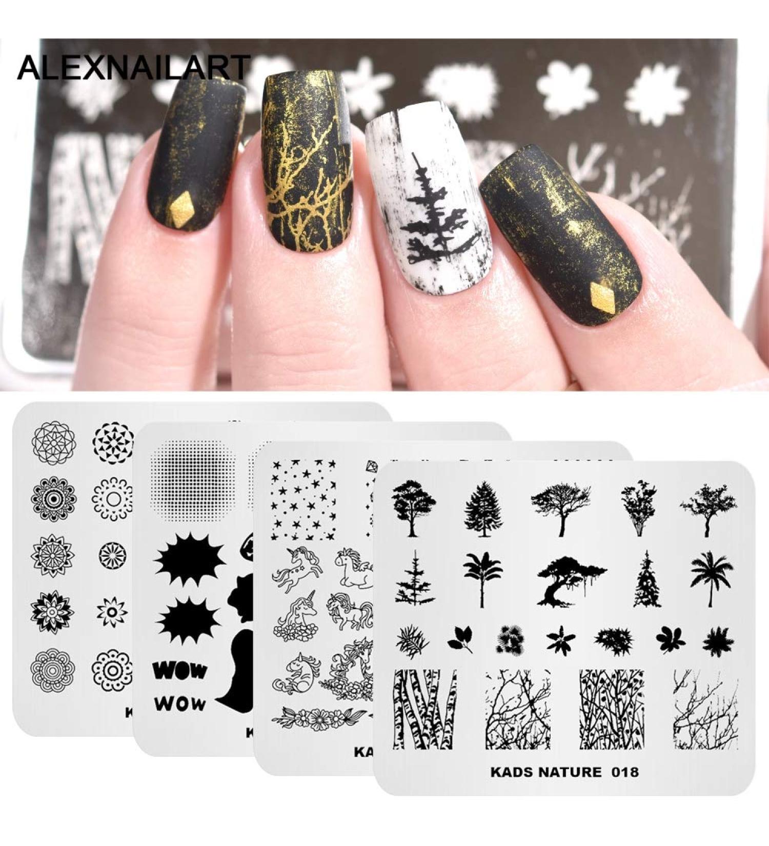 Nail Stamping Plate Set - 4 Piece Tree Unicorn Comic Patterns | DIY Nail Art Stamper & Scraper | International Shipping - Buy Online on SooperMarket.com