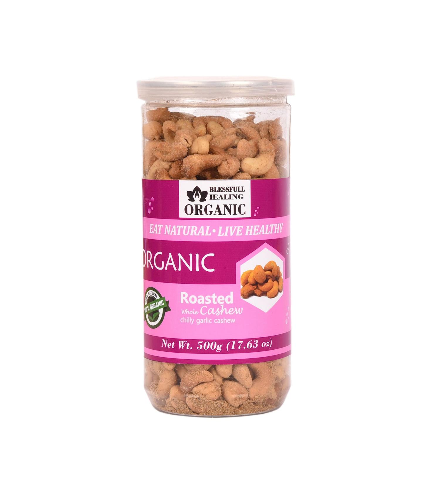 Blessfull Healing Organic Natural Vegan Chilly Garlic Roasted Whole Cashew Nuts Crunchy Kaju 500 Gram - Buy Online on SooperMarket.com