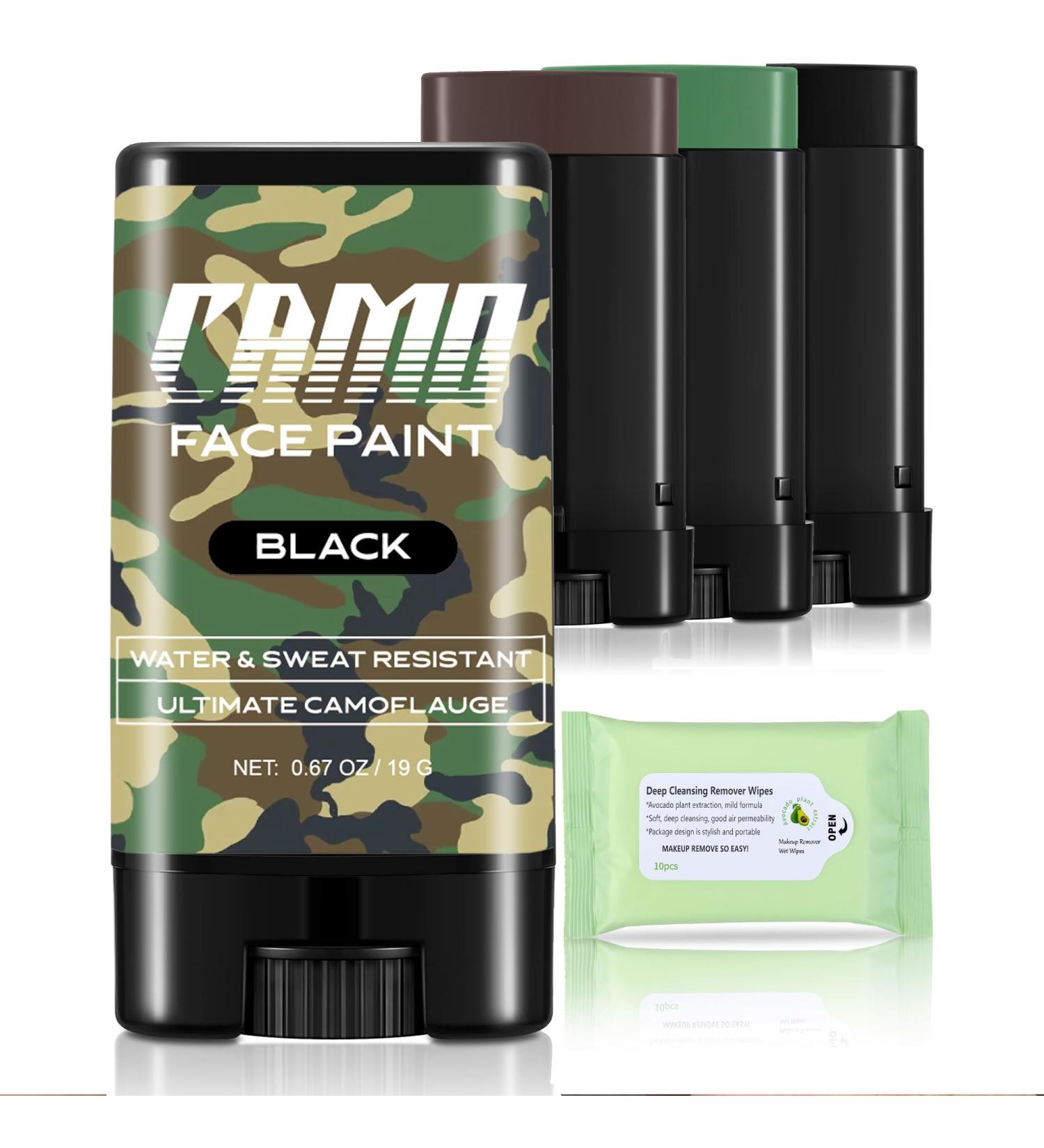 CCbeauty 3-Color Camo Face Paint + 10 Wipes | Oil Resistant Military Makeup for Spirit Week & Cosplay - Black Brown Green - Buy Online on SooperMarket.com