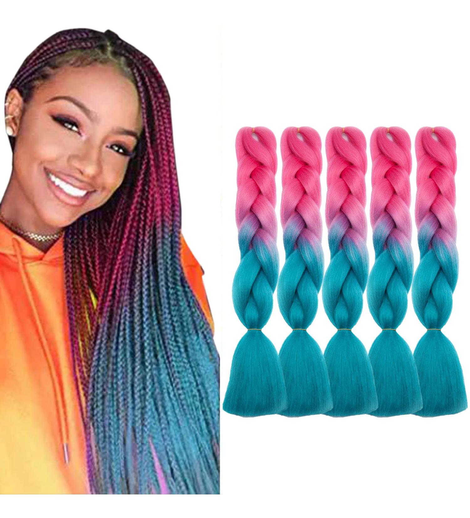 Tess Braids Extensions 60 cm - 5 Pack Jumbo Kanecalon Ombre Blue & Pink Hair Braids for Box Braids - 100g Bundle - Buy Online on SooperMarket.com