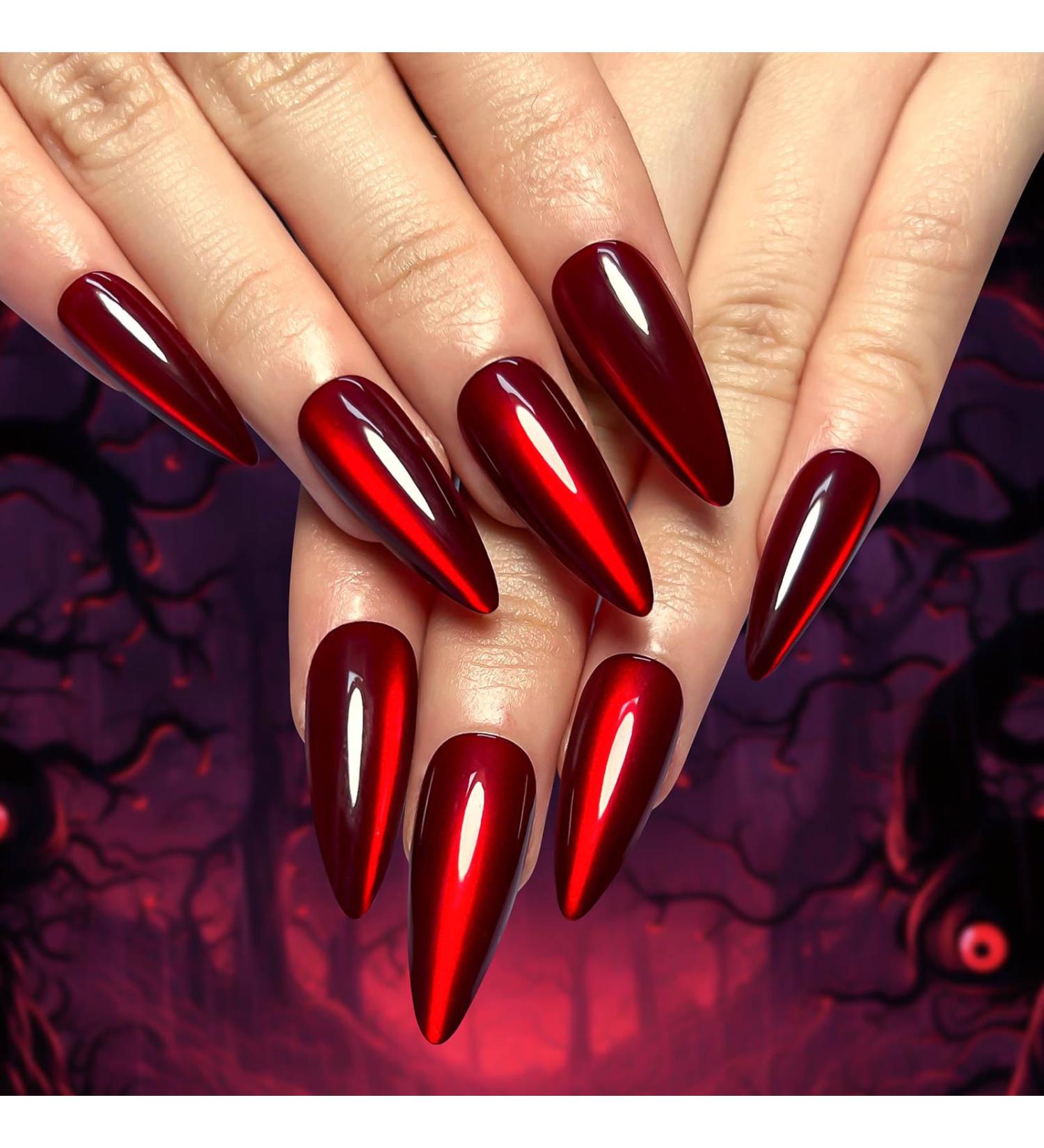 30 Pcs Halloween Press on Nails - Red Long Stiletto Fake Nails with Cat's Eye Design | Stick on Almond Style for Women | Perfect Holiday Nail Art - Buy Online on SooperMarket.com