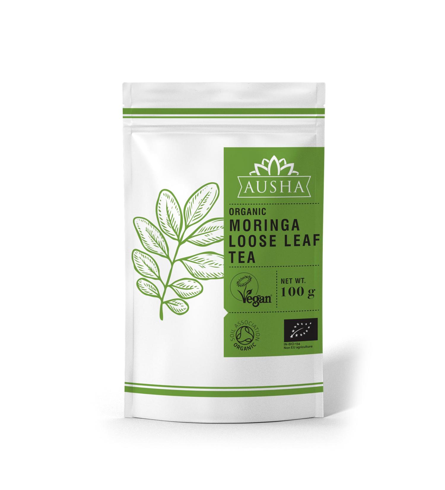 Ausha Organic Moringa Tea 100 grams | Loose Leaves Caffeine Free Detox Fibre Calcium | Certified Organic - Buy Online on SooperMarket.com